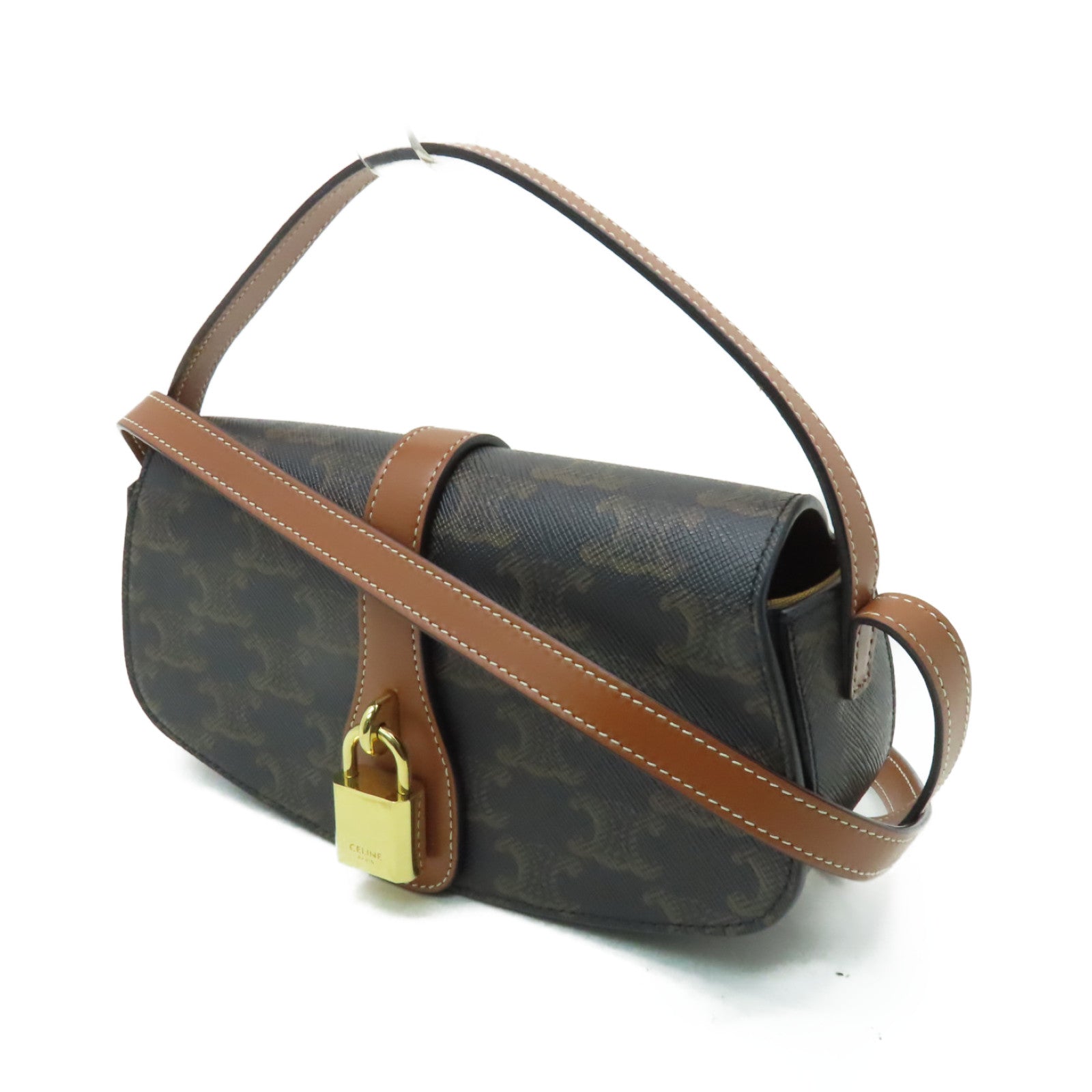 CELINE 塗層帆布Tabou Clutch On Strap金扣手挽肩背兩用袋棕色