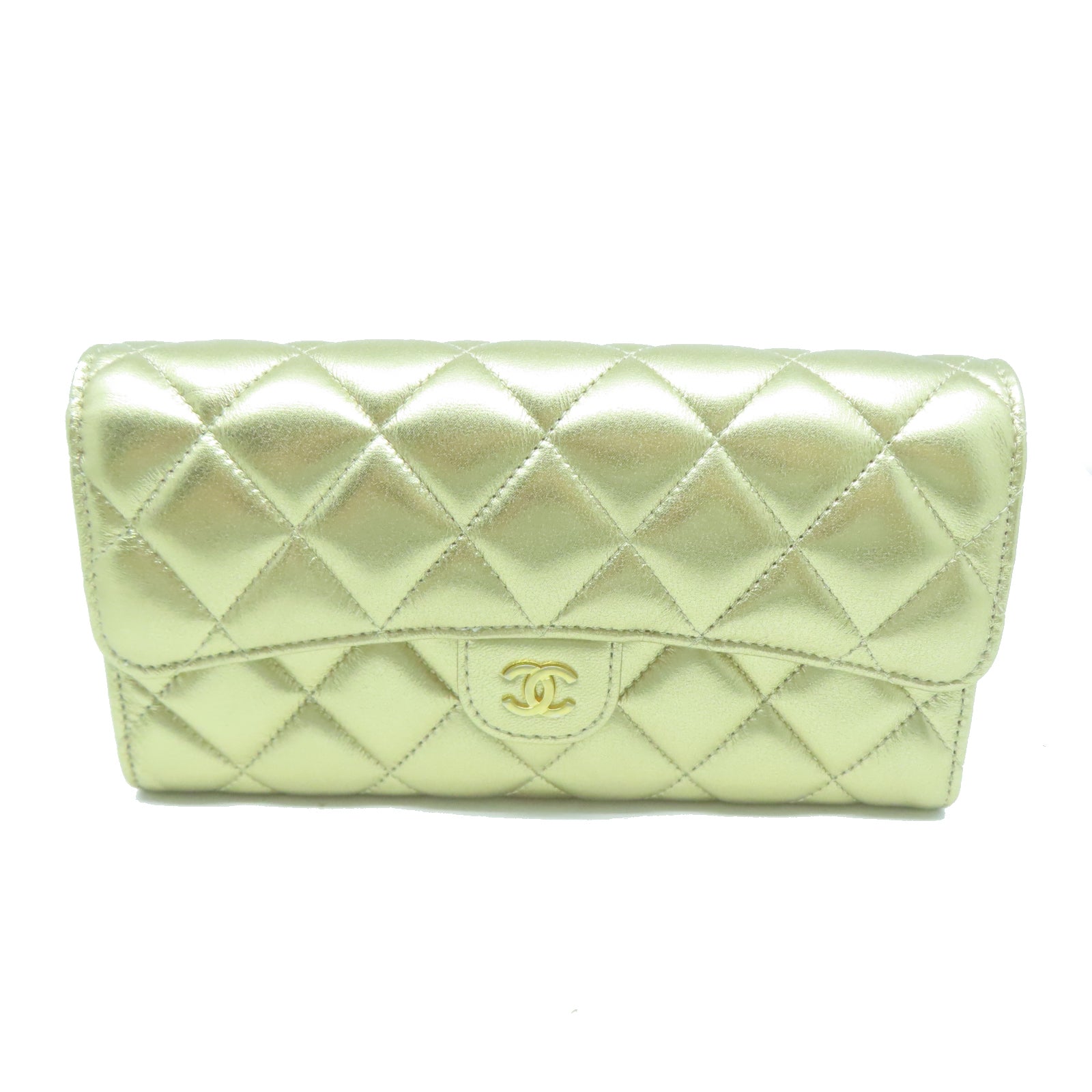 CHANEL 菱格羊皮皮革Long Wallet金扣長錢包金色