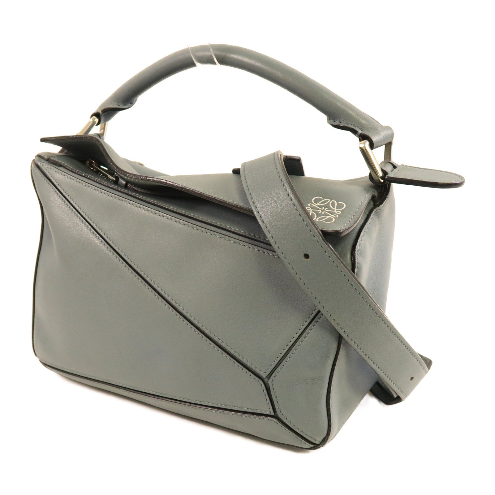 LOEWE 牛皮皮革Puzzle銀扣手挽肩背兩用袋藍色