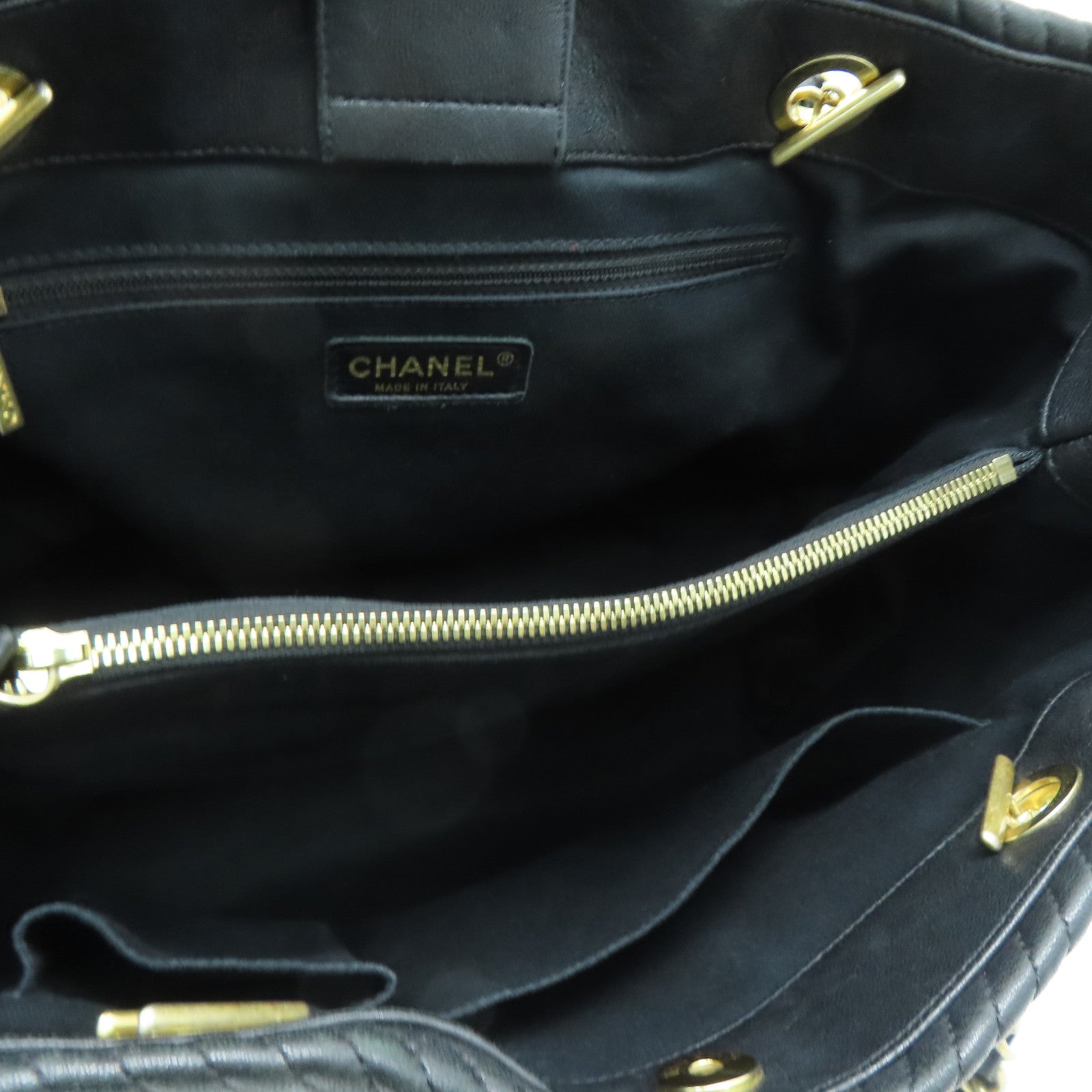 CHANEL twill cowhide leather Tote Bag gold buckle handle bag black