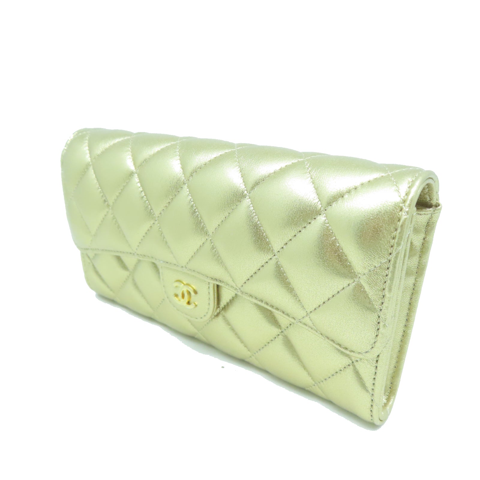 CHANEL 菱格羊皮皮革Long Wallet金扣長錢包金色