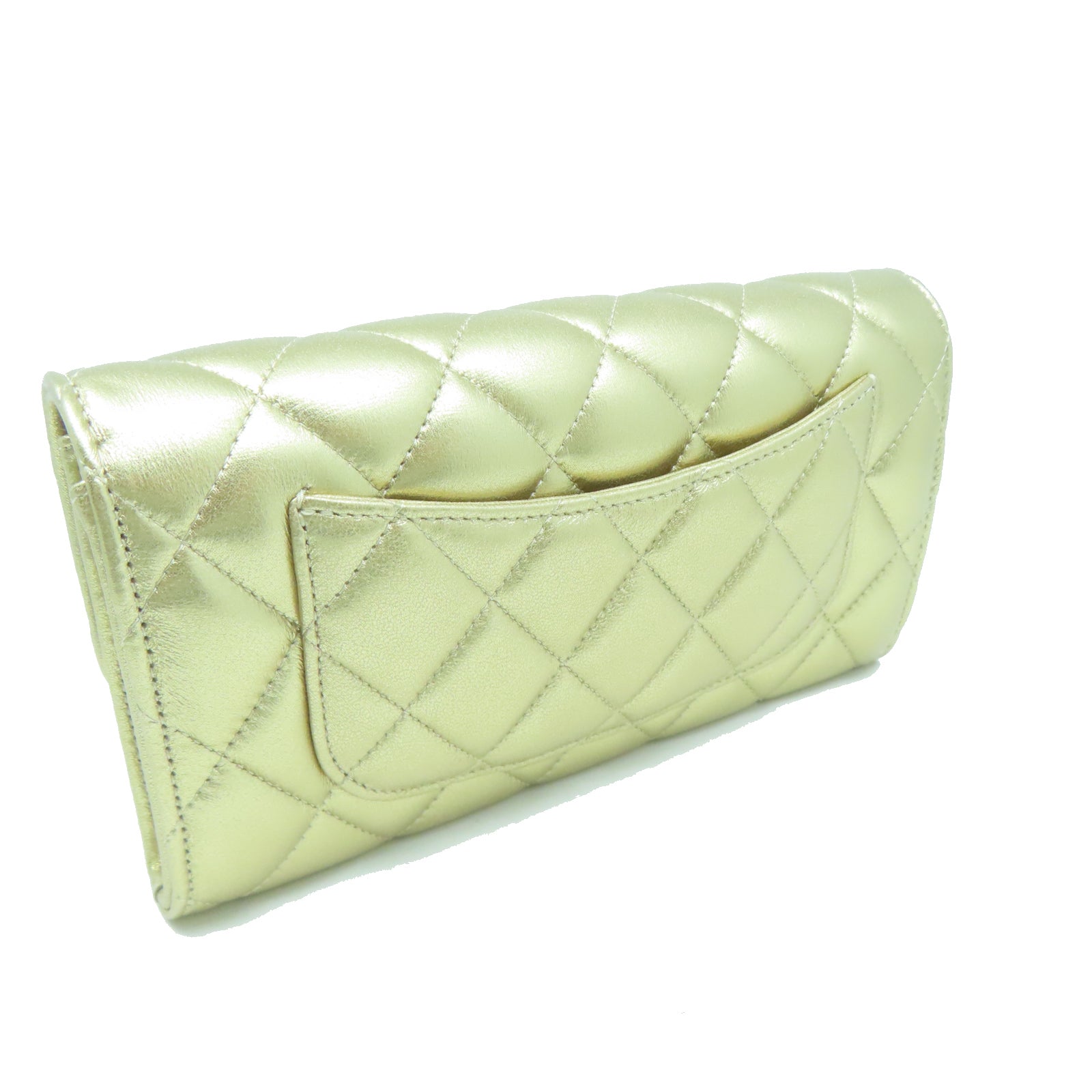 CHANEL 菱格羊皮皮革Long Wallet金扣長錢包金色
