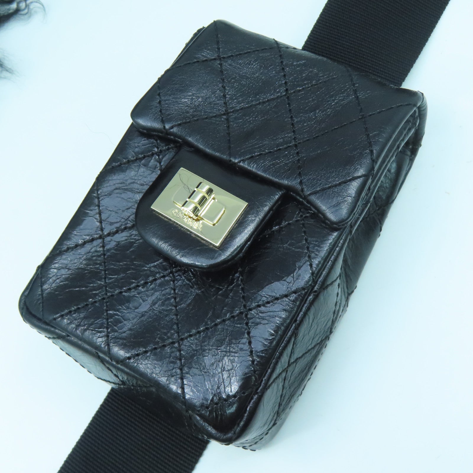 CHANEL furry Shoulder Bag gold buckle shoulder bag black