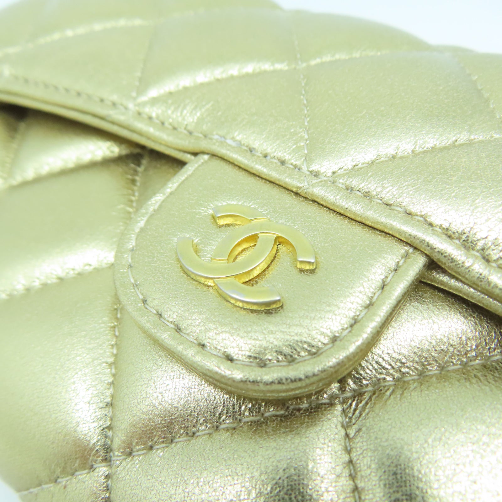 CHANEL 菱格羊皮皮革Long Wallet金扣長錢包金色
