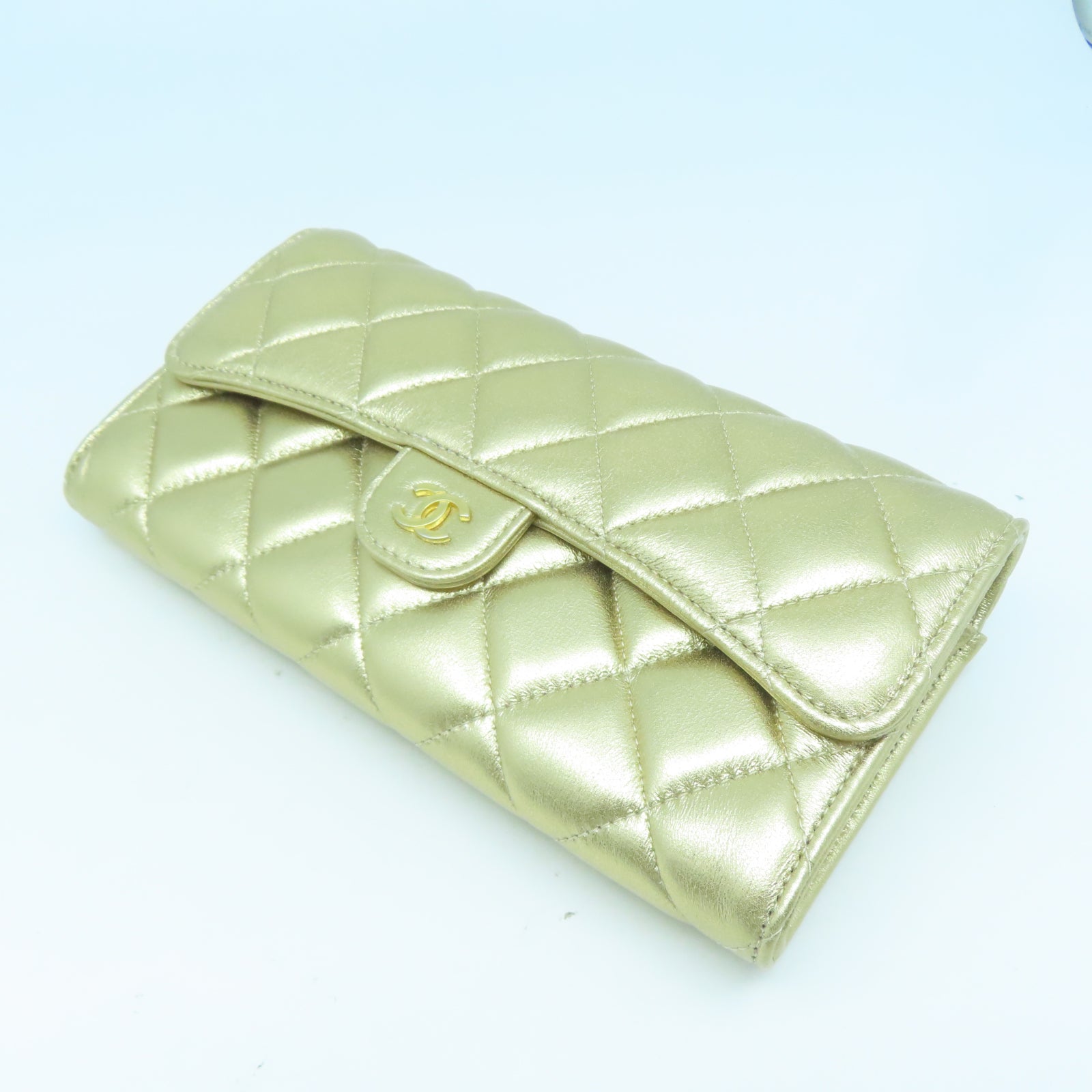 CHANEL 菱格羊皮皮革Long Wallet金扣長錢包金色