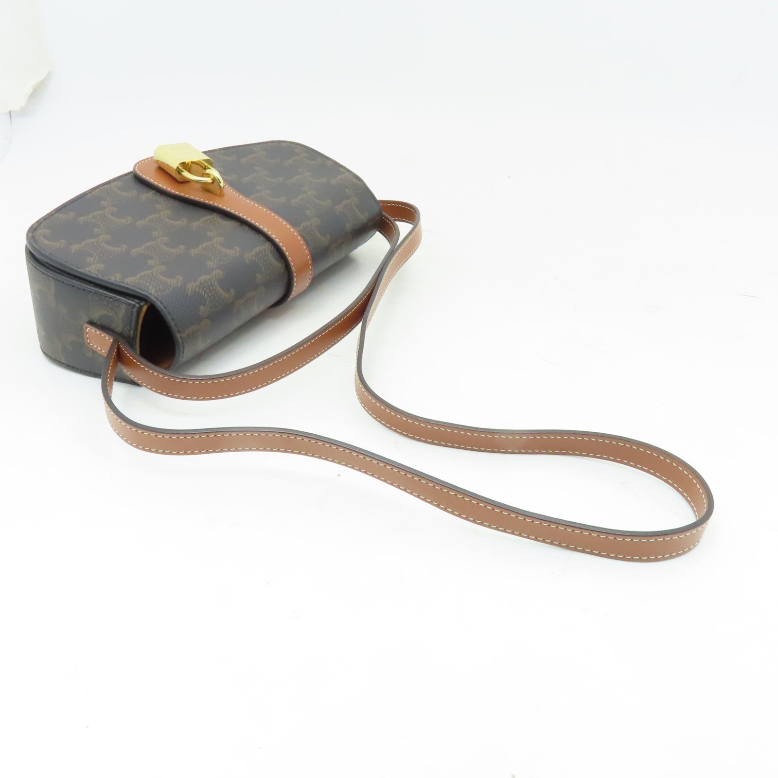 CELINE 塗層帆布Tabou Clutch On Strap金扣手挽肩背兩用袋棕色