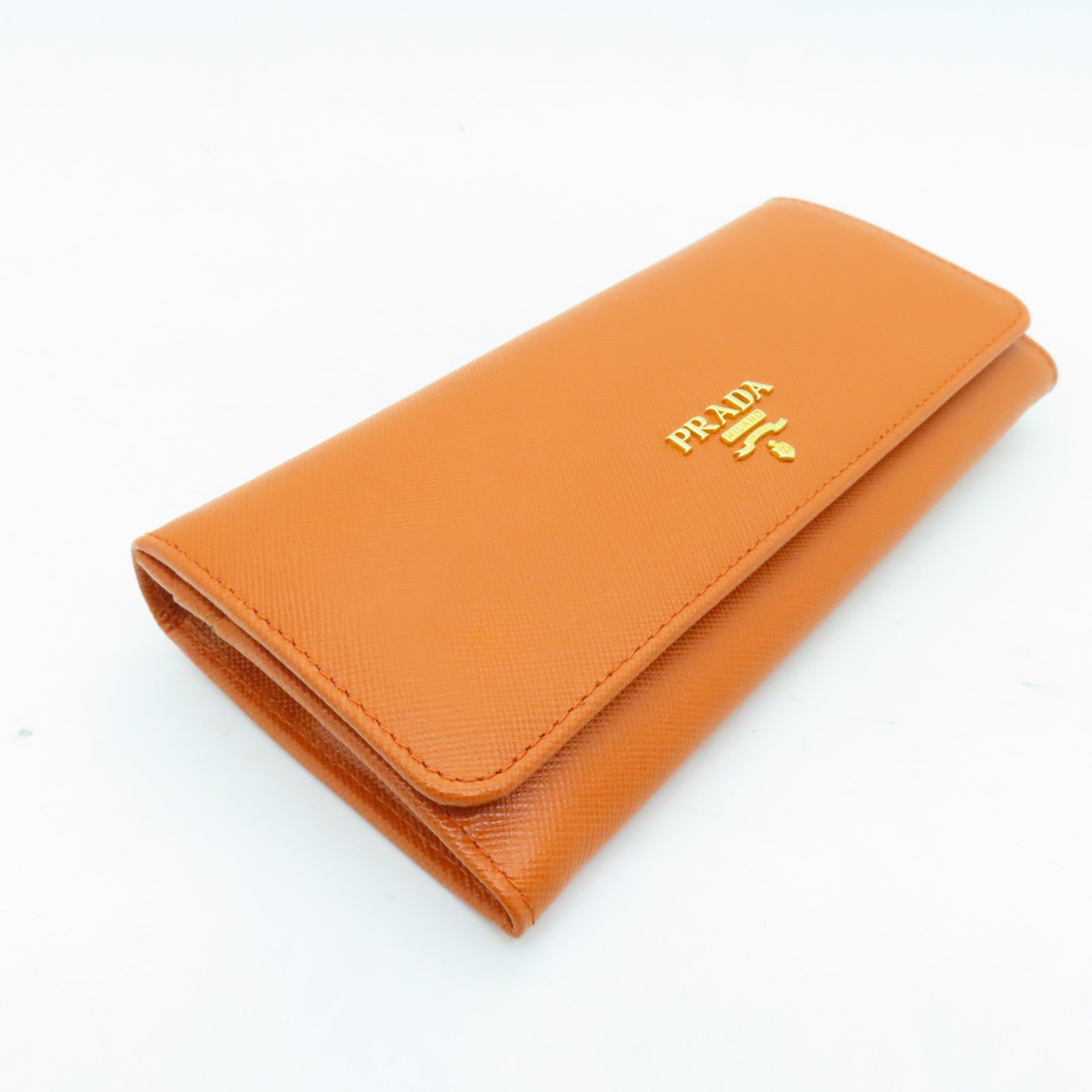 PRADA Saffiano皮革Long Wallet金扣长钱包橙色