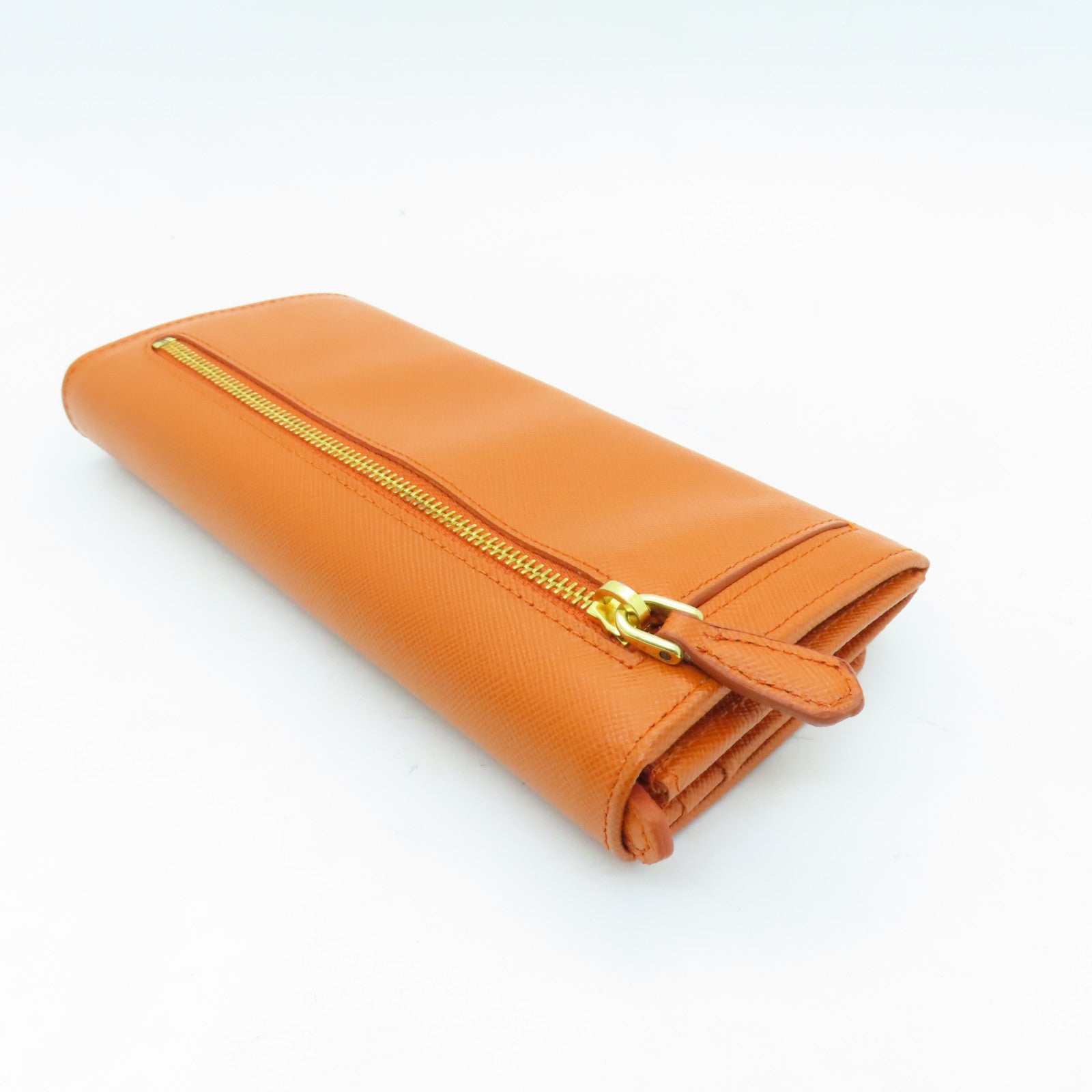 PRADA Saffiano皮革Long Wallet金扣长钱包橙色