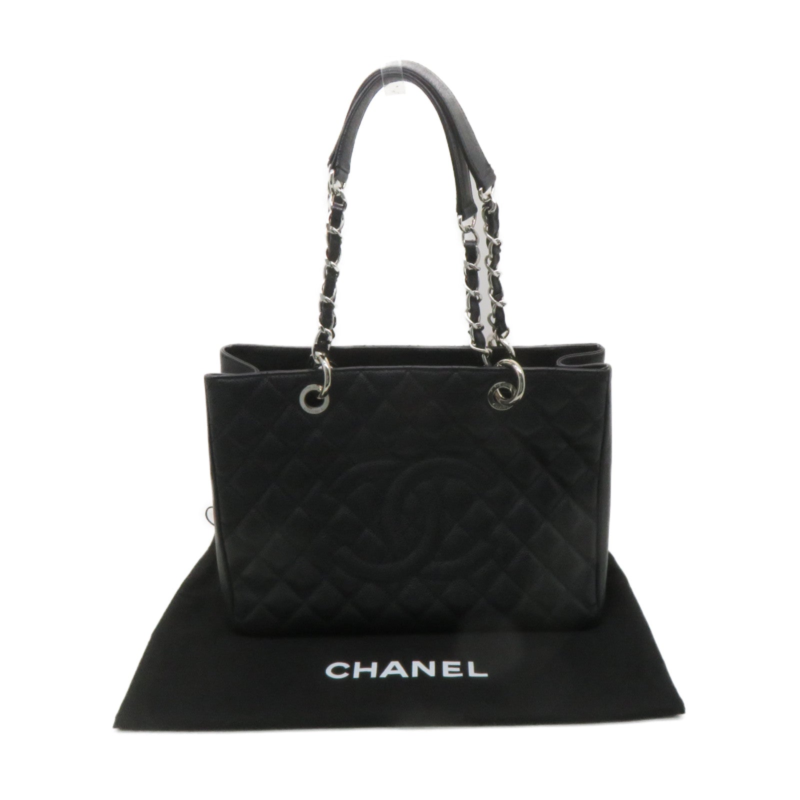CHANEL 菱格Caviar皮革GST Grand Shopping Tote Bag銀扣鏈帶肩背袋黑色