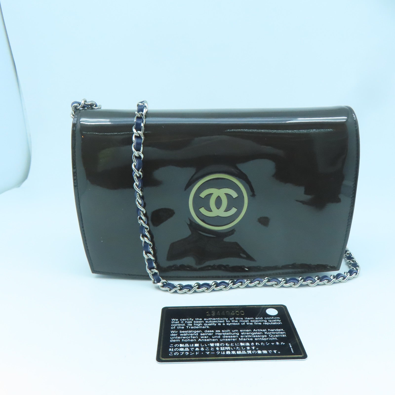 CHANEL Patent Leather Wallet On Chain Silver Buckle Chain Shoulder Bag Green/Blue