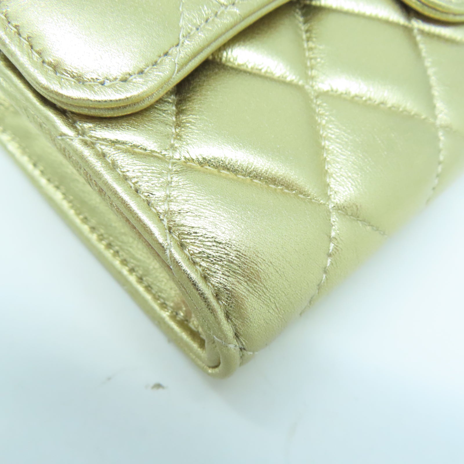 CHANEL 菱格羊皮皮革Long Wallet金扣長錢包金色