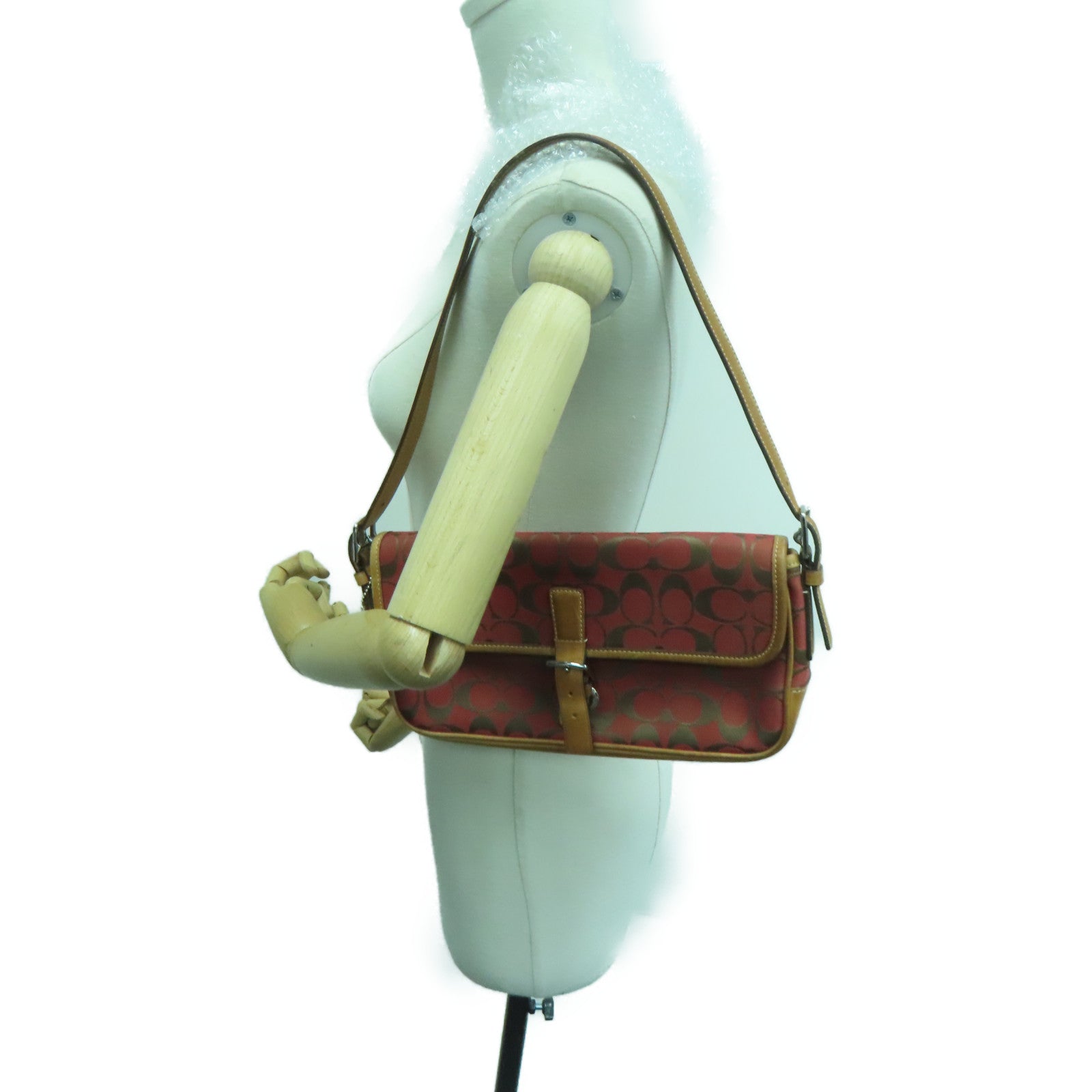 COACH 帆布Shoulder Bag银扣肩背袋红色/啡色