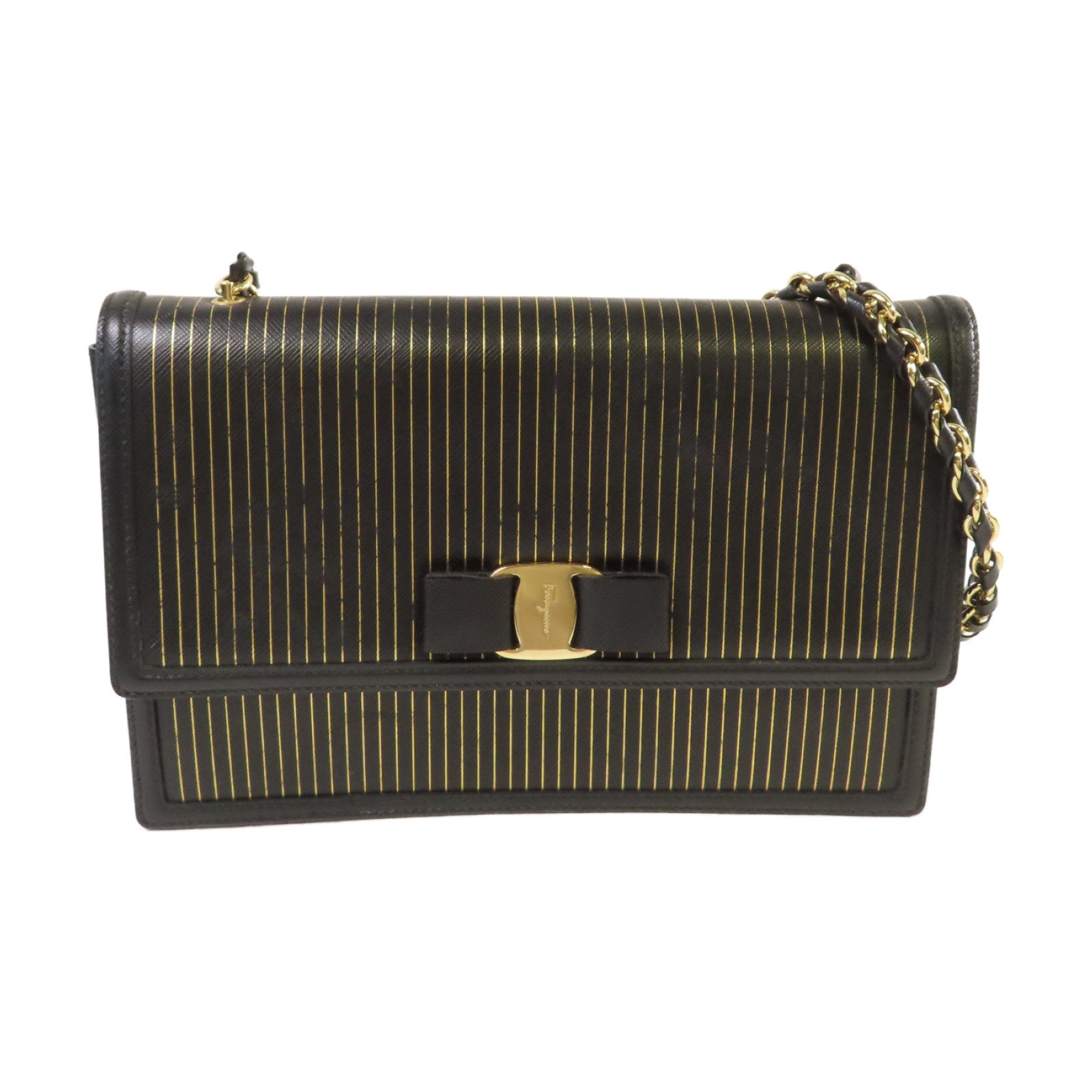 Salvatore Ferragamo 牛皮皮革Chain Shoulder Bag金扣鏈帶肩背袋黑色/金色