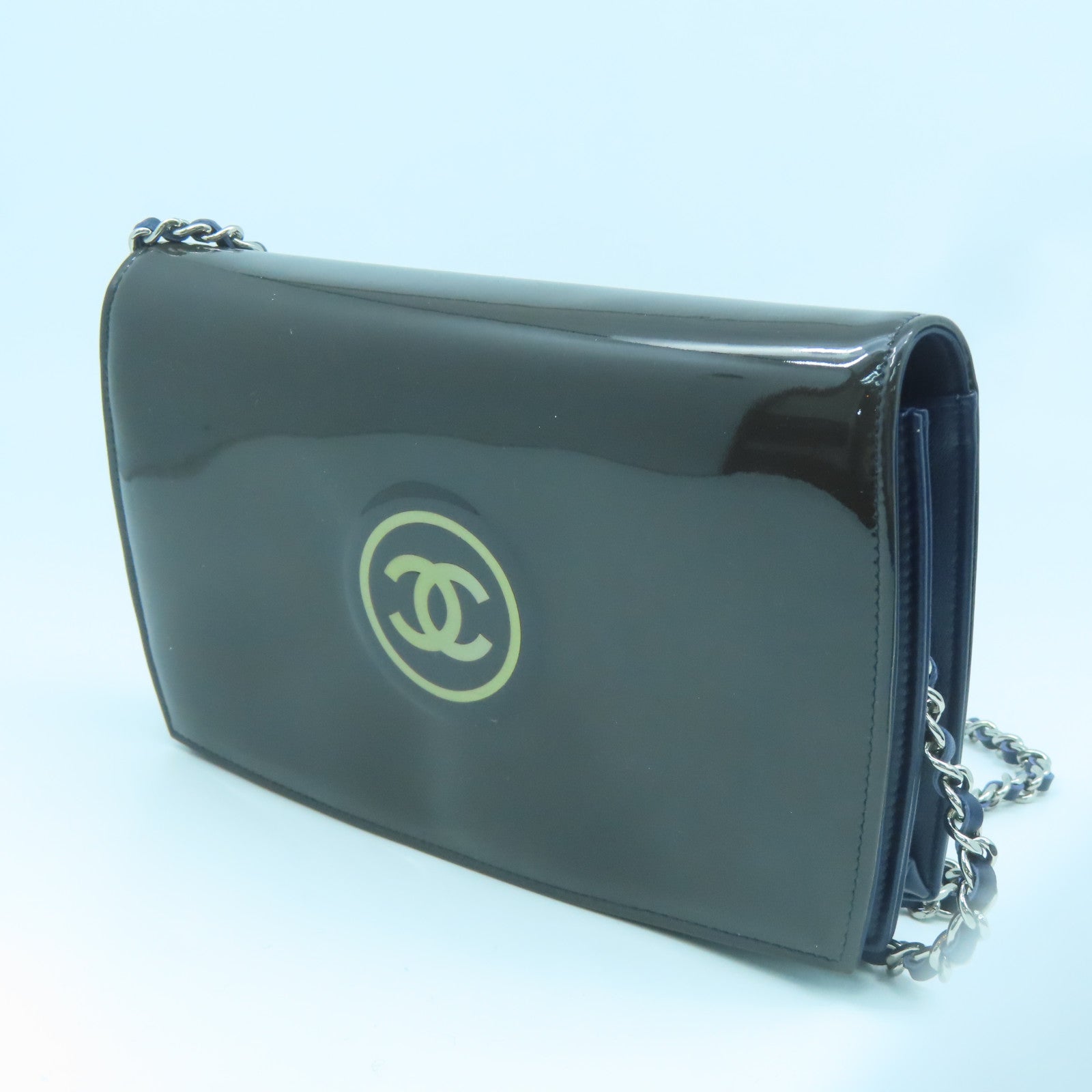 CHANEL Patent Leather Wallet On Chain Silver Buckle Chain Shoulder Bag Green/Blue