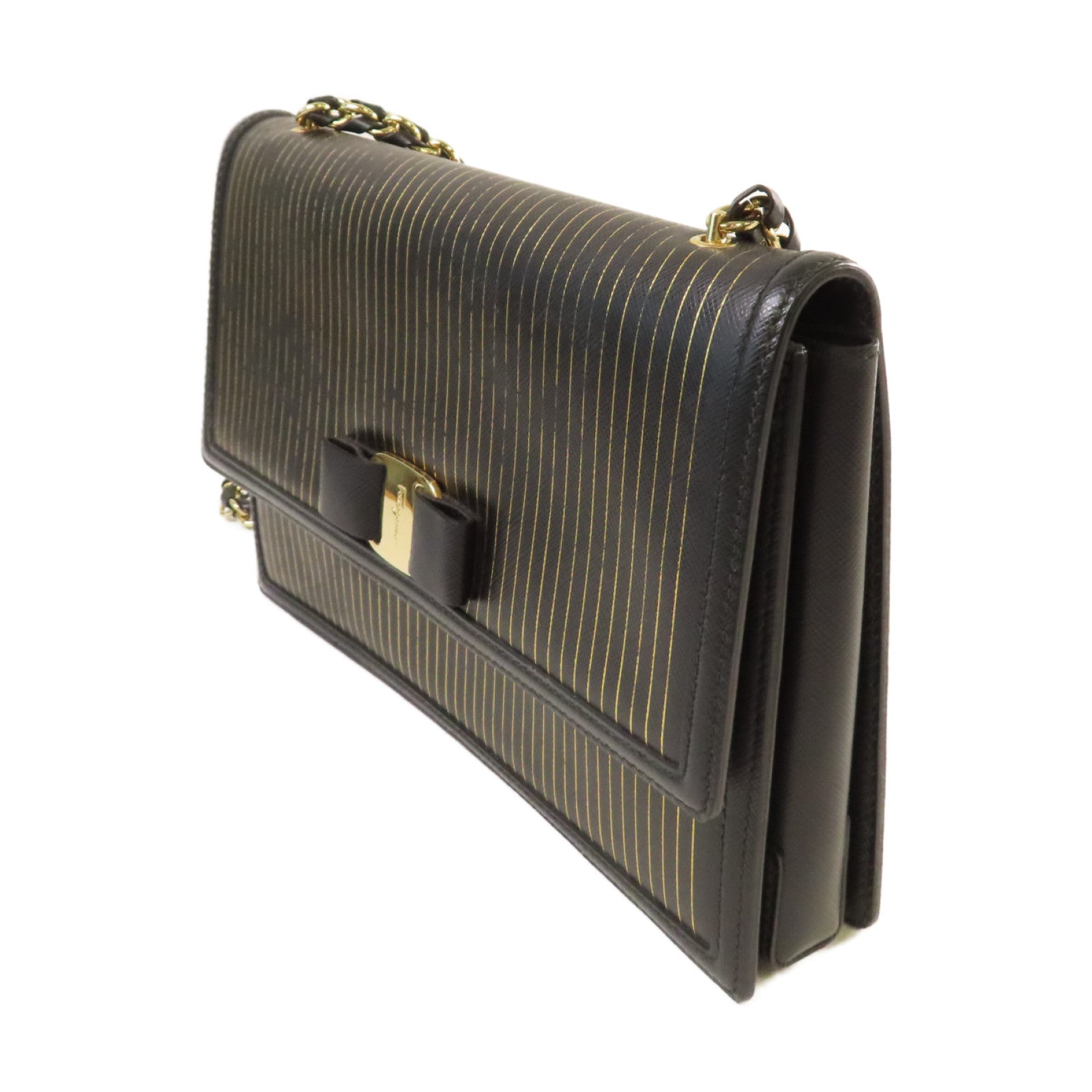 Salvatore Ferragamo 牛皮皮革Chain Shoulder Bag金扣鏈帶肩背袋黑色/金色