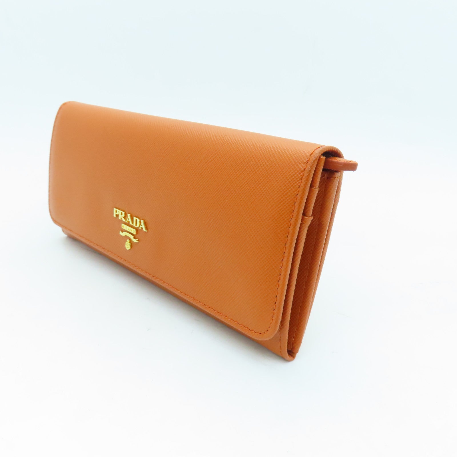 PRADA Saffiano皮革Long Wallet金扣长钱包橙色