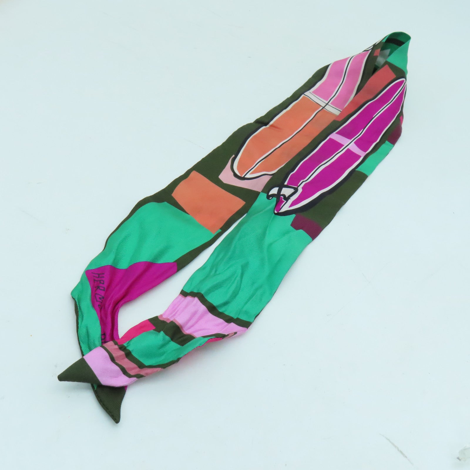 HERMES 絲質Twilly絲巾綠色/墨綠色/粉紅色