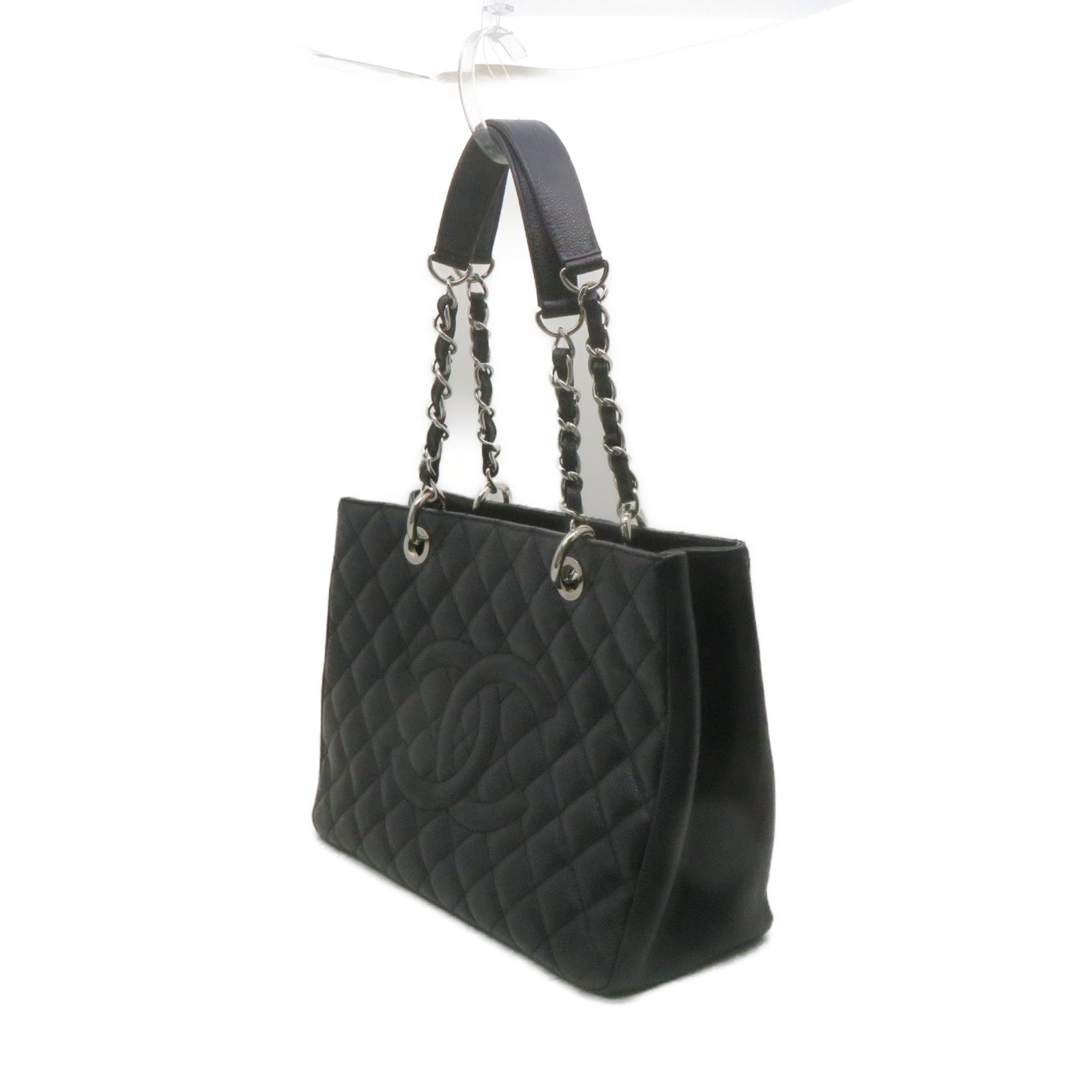 CHANEL 菱格Caviar皮革GST Grand Shopping Tote Bag銀扣鏈帶肩背袋黑色