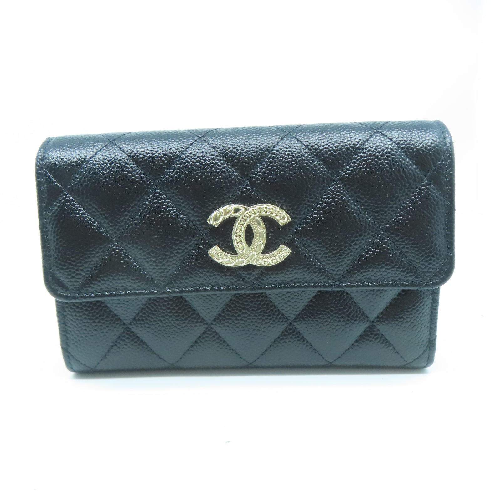 CHANEL 菱格牛皮皮革Wallet金扣錢包黑色
