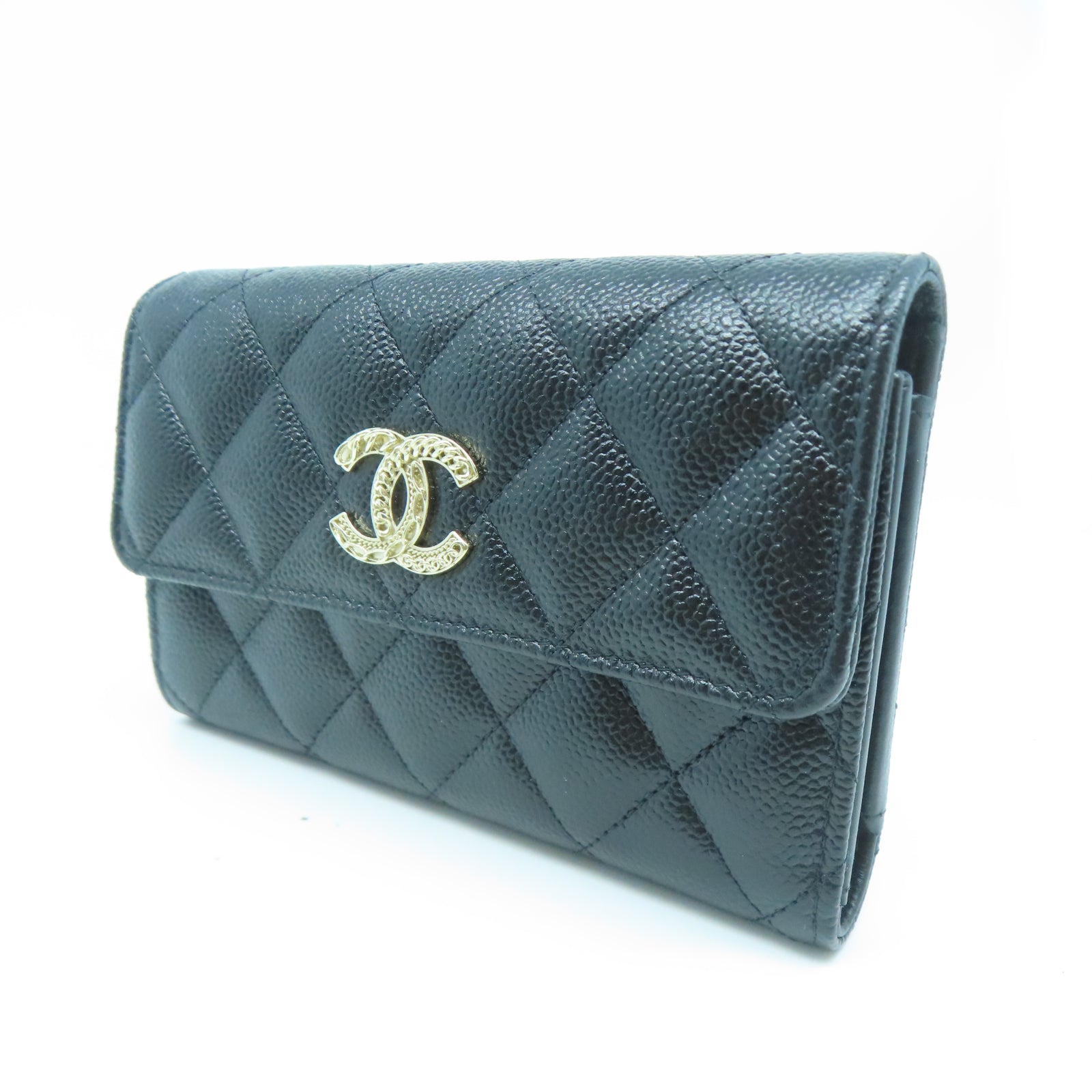 CHANEL 菱格牛皮皮革Wallet金扣錢包黑色