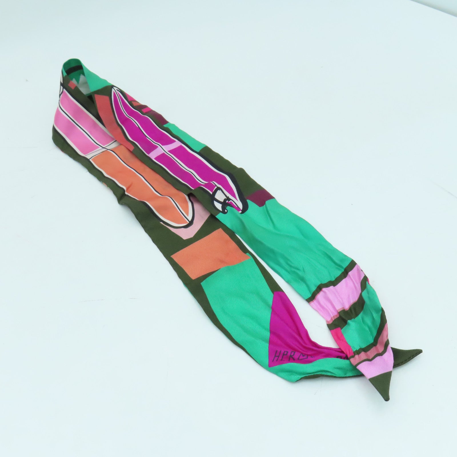 HERMES 絲質Twilly絲巾綠色/墨綠色/粉紅色