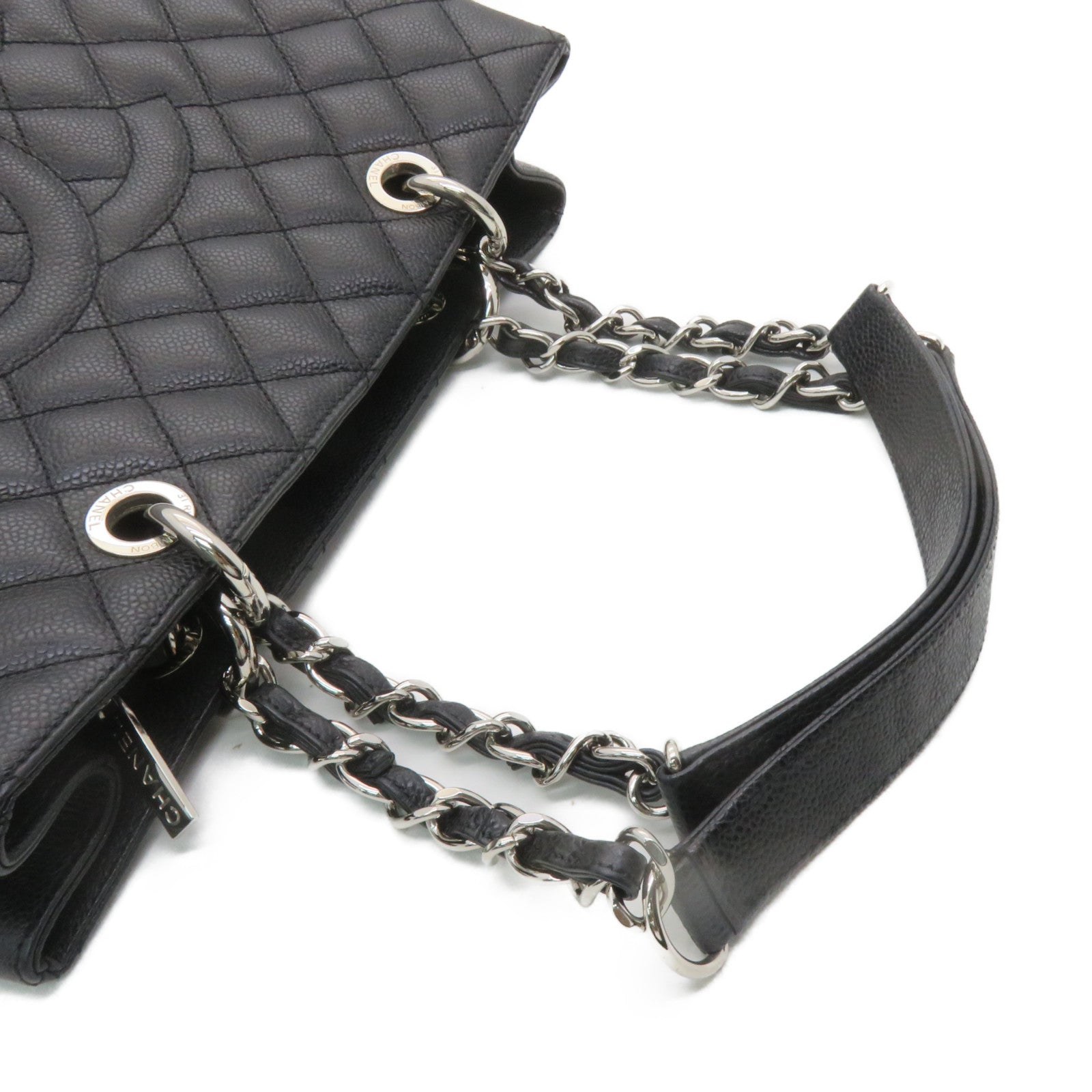CHANEL 菱格Caviar皮革GST Grand Shopping Tote Bag銀扣鏈帶肩背袋黑色