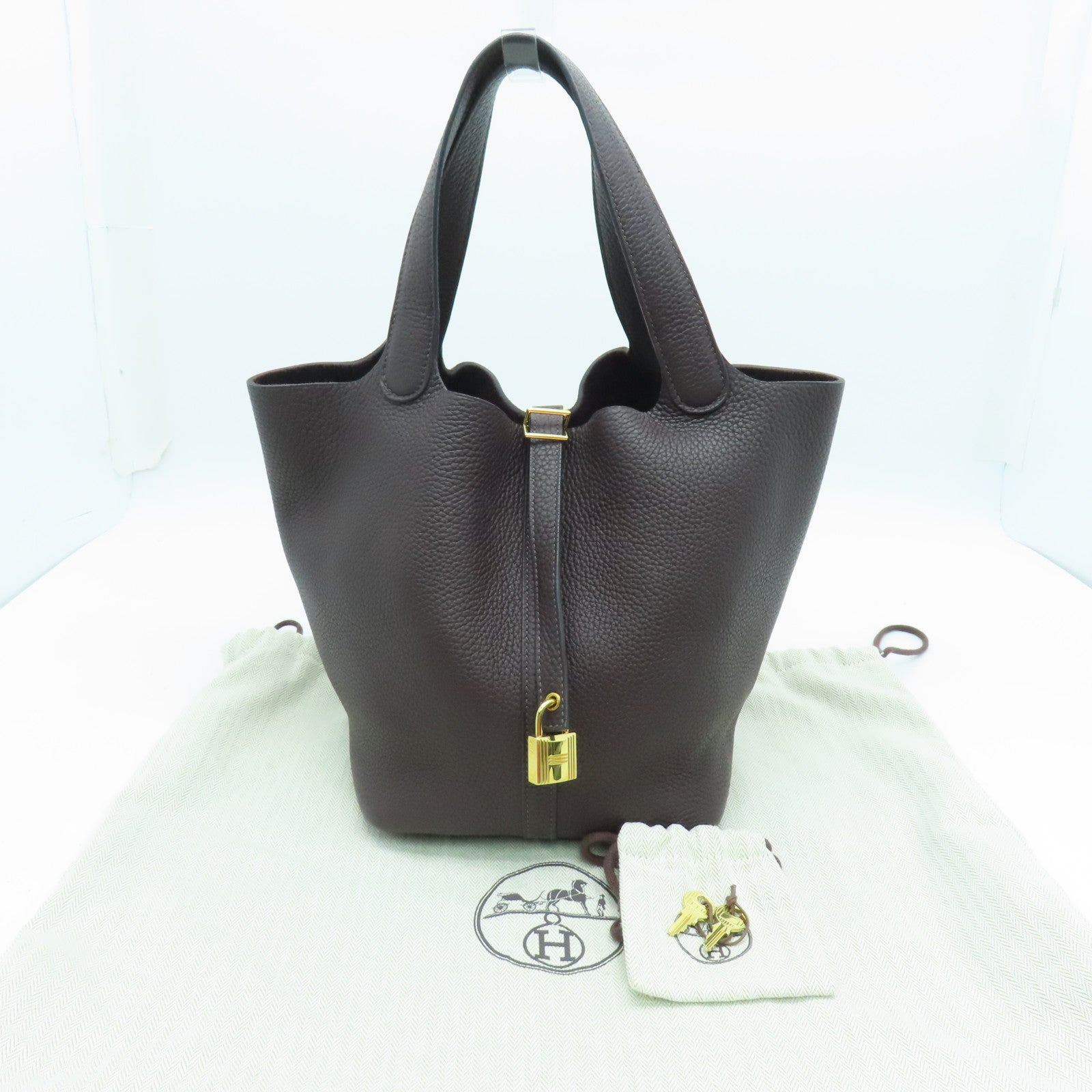 HERMES Clemence Leather Picotin MM Gold Buckle Hand Bag Rouge Sellier Burgundy