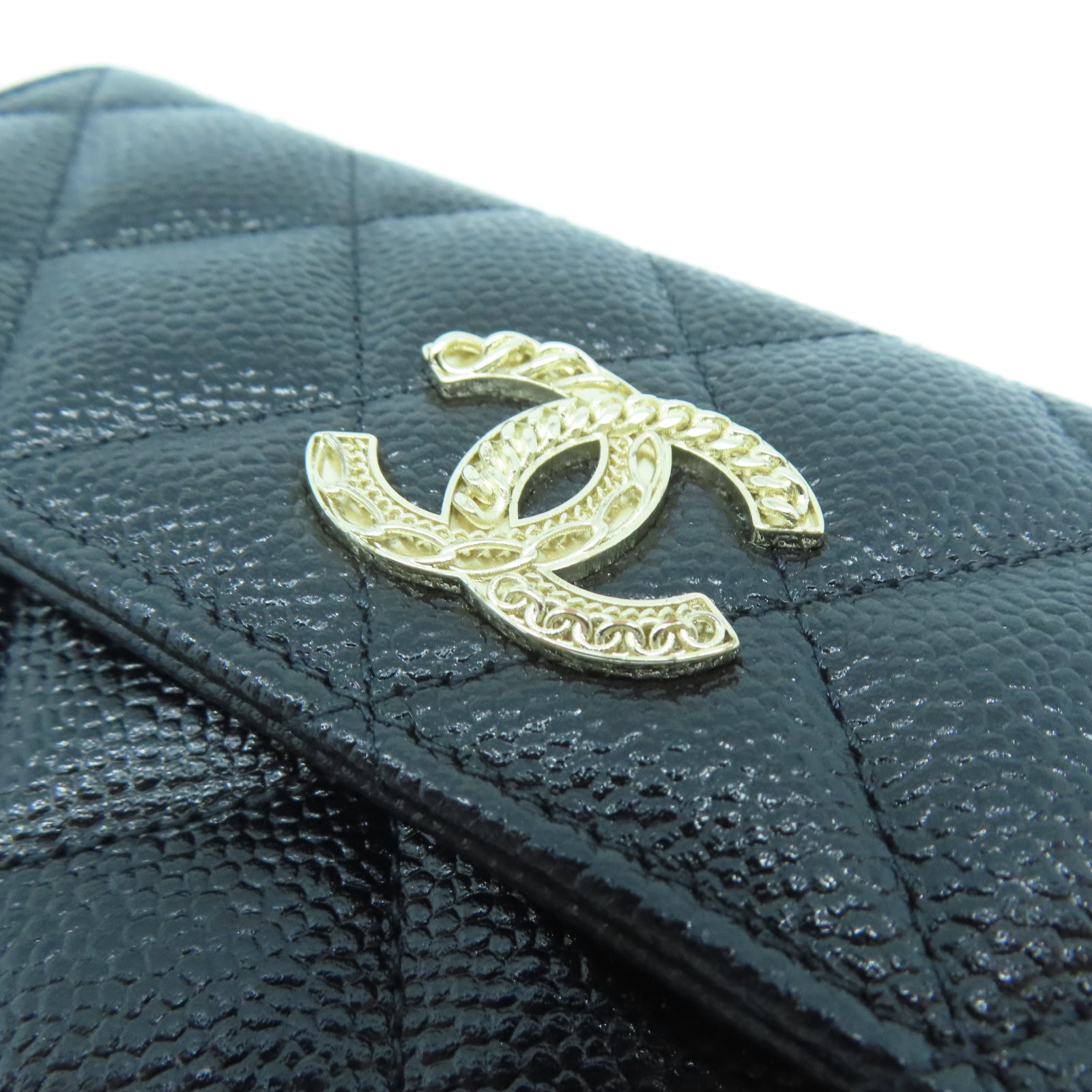 CHANEL 菱格牛皮皮革Wallet金扣錢包黑色