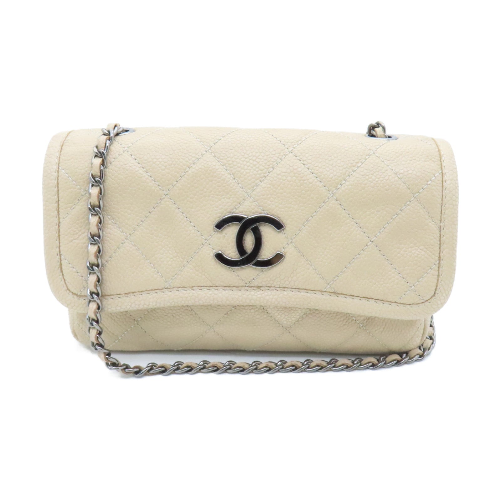CHANEL diamond Caviar leather Chain Shoulder silver buckle shoulder bag beige