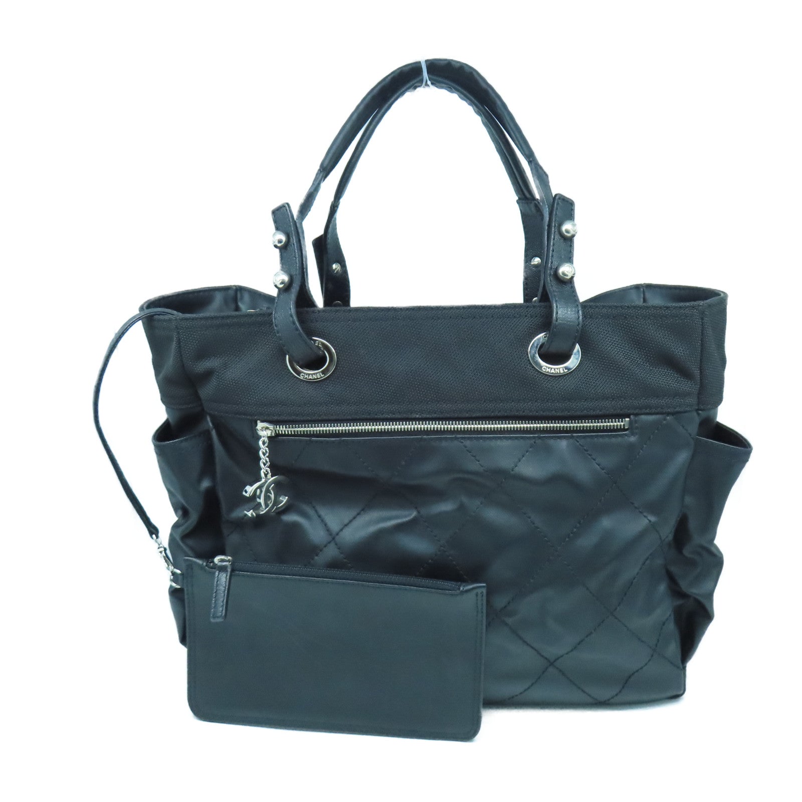 CHANEL 菱格皮革/帆布Tote Bag銀扣手挽袋黑色