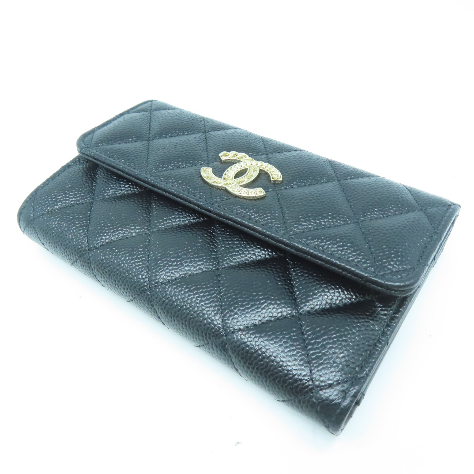 CHANEL 菱格牛皮皮革Wallet金扣錢包黑色