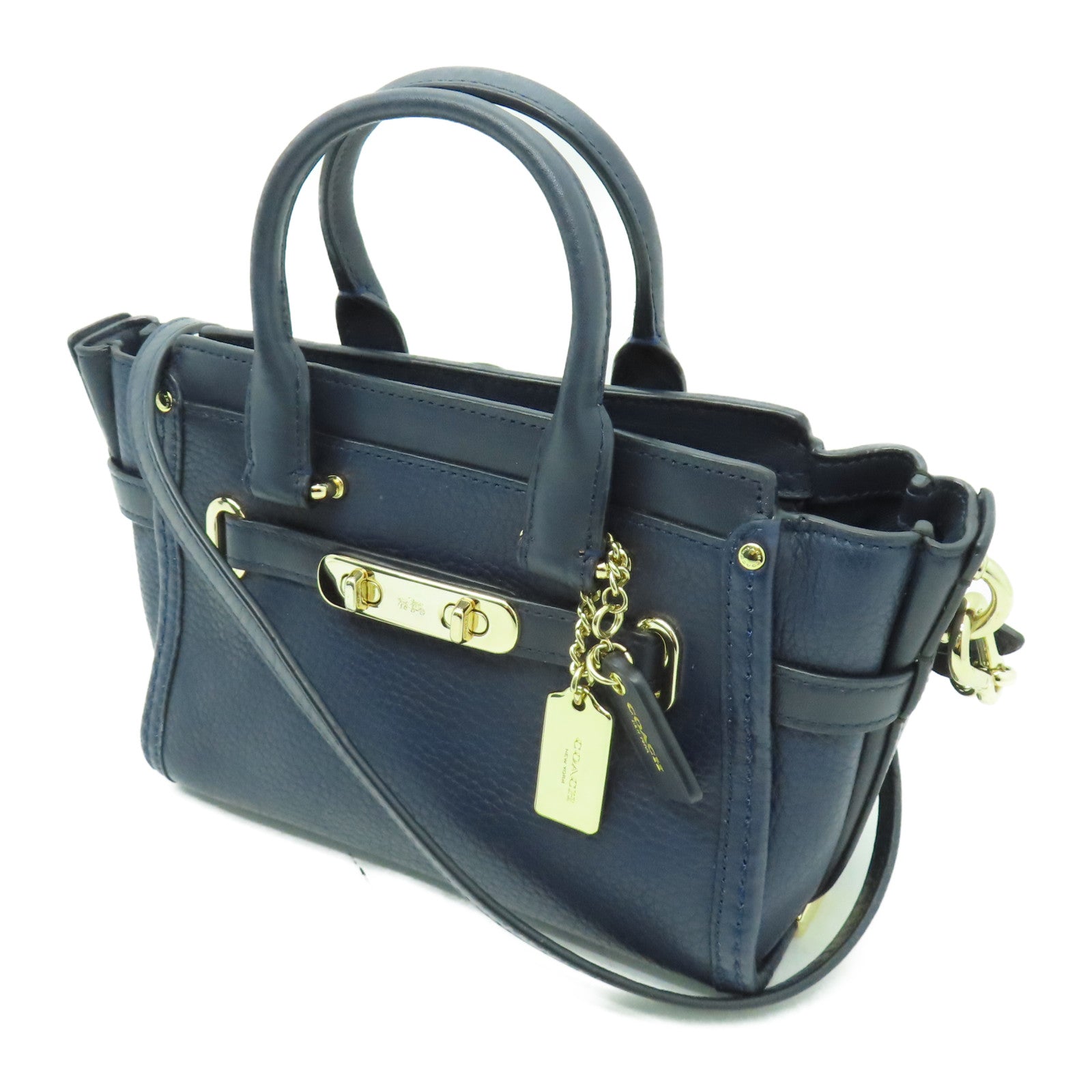 COACH 牛皮皮革2 Way Shoulder金扣手挽肩背兩用袋藍色