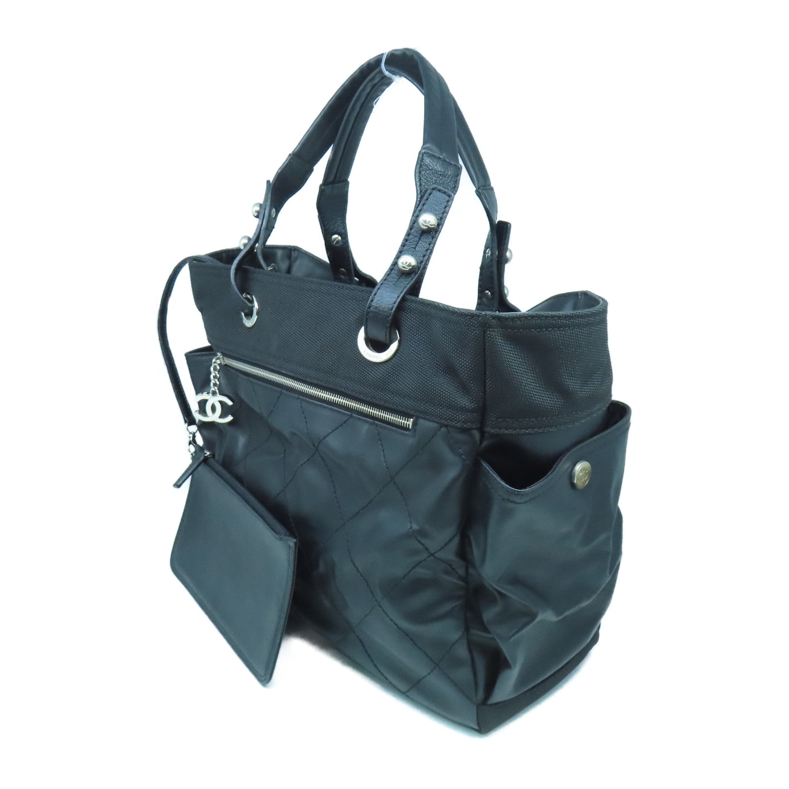 CHANEL 菱格皮革/帆布Tote Bag銀扣手挽袋黑色