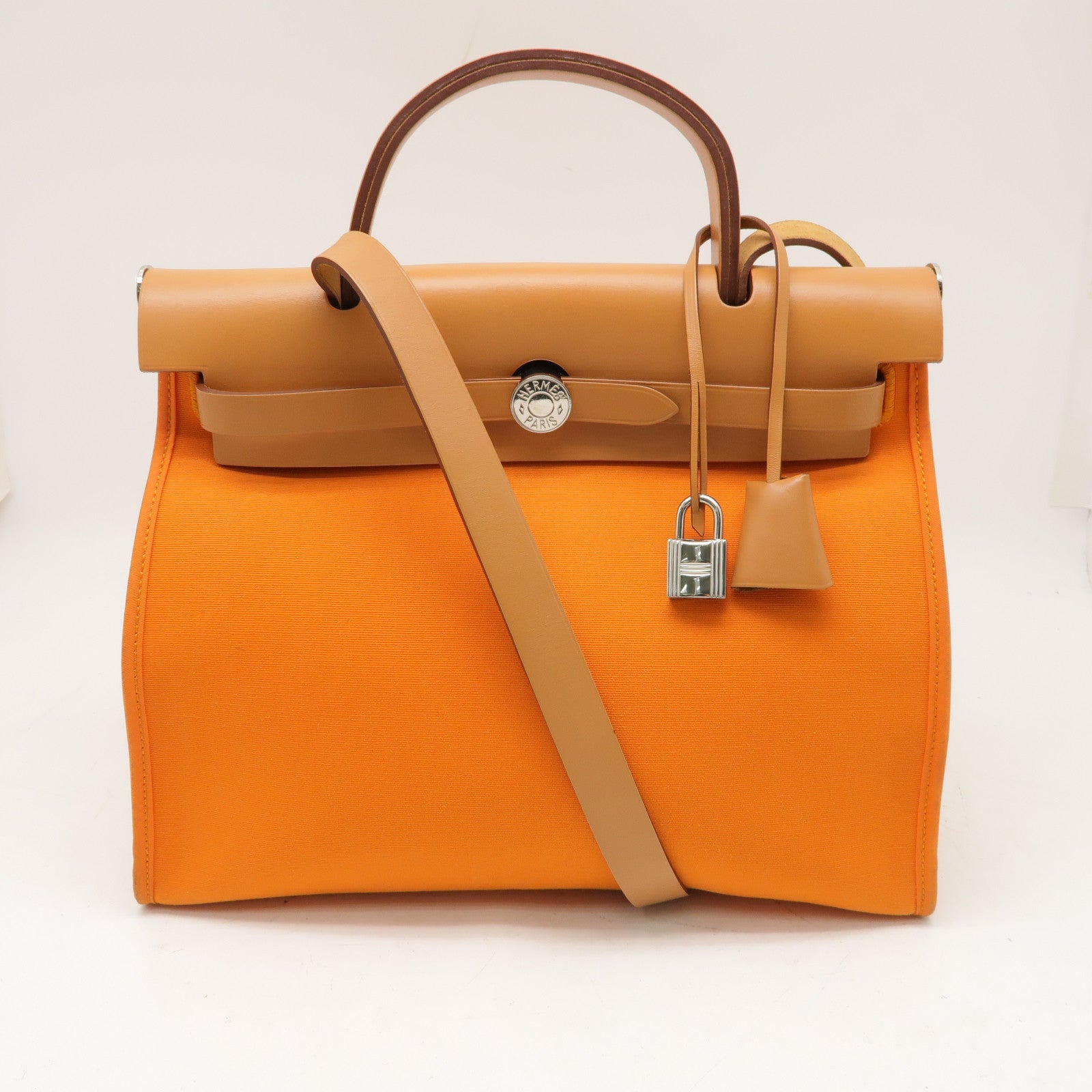 HERMES 帆布Herbag PM銀扣手挽肩背兩用袋橙色