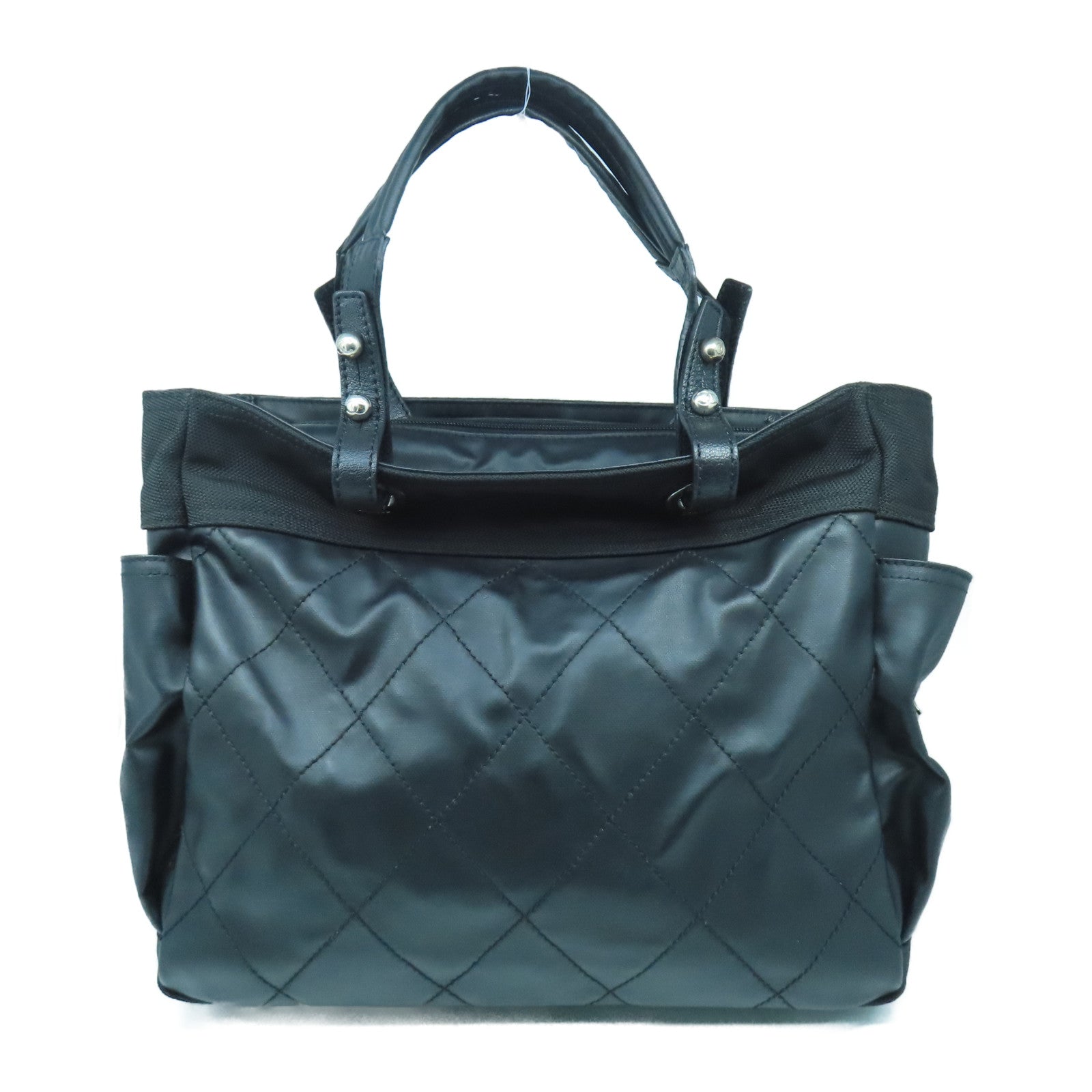 CHANEL 菱格皮革/帆布Tote Bag銀扣手挽袋黑色