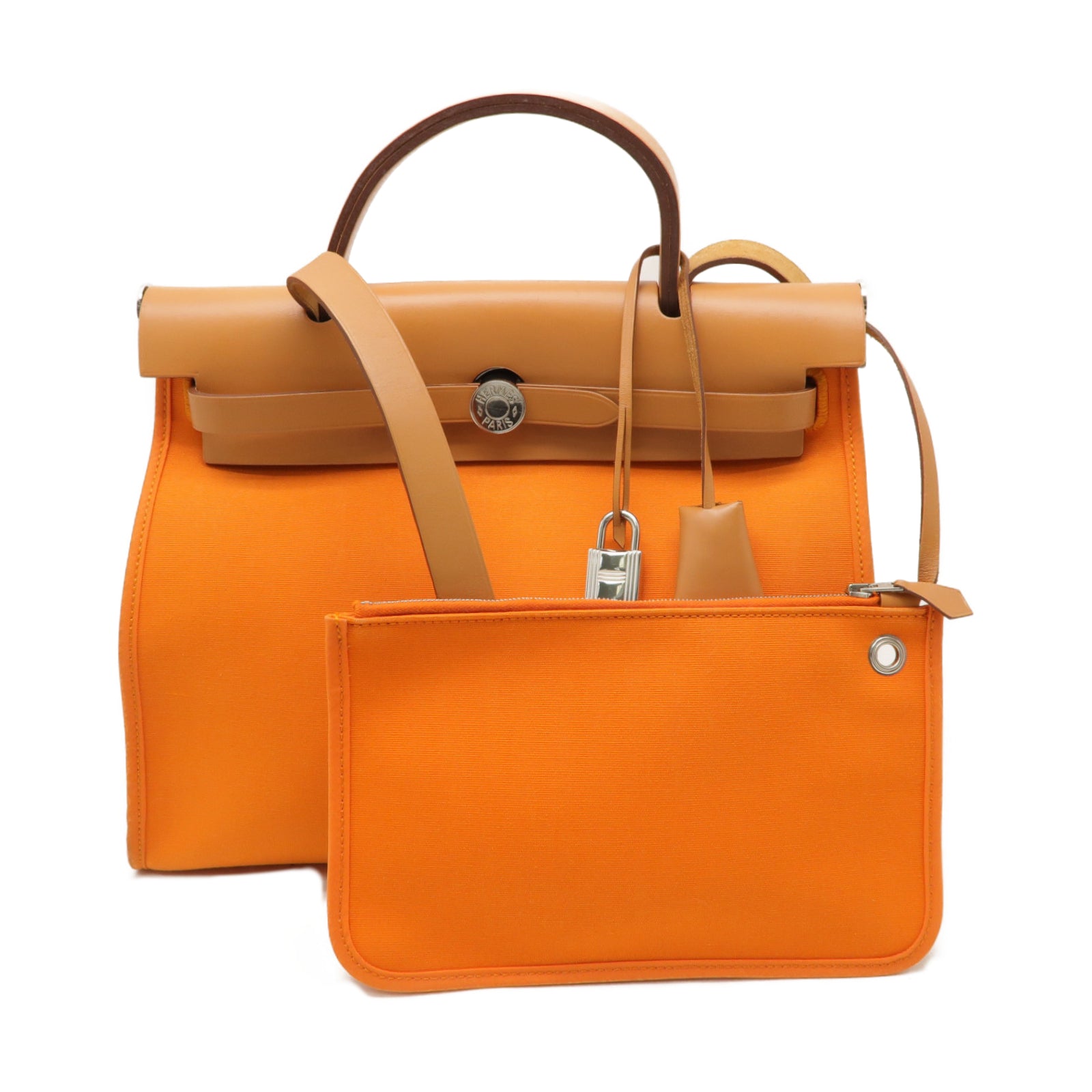 HERMES 帆布Herbag PM銀扣手挽肩背兩用袋橙色