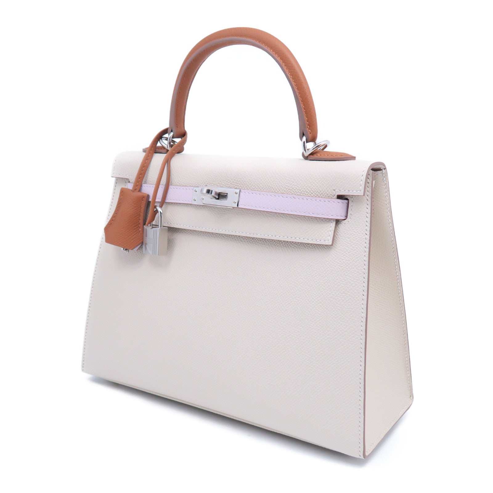 HERMES Epsom皮革Kelly 25銀扣手挽肩背兩用袋Craie奶昔白色/Mauve Pale夢幻粉紫色/Gold經典駝色