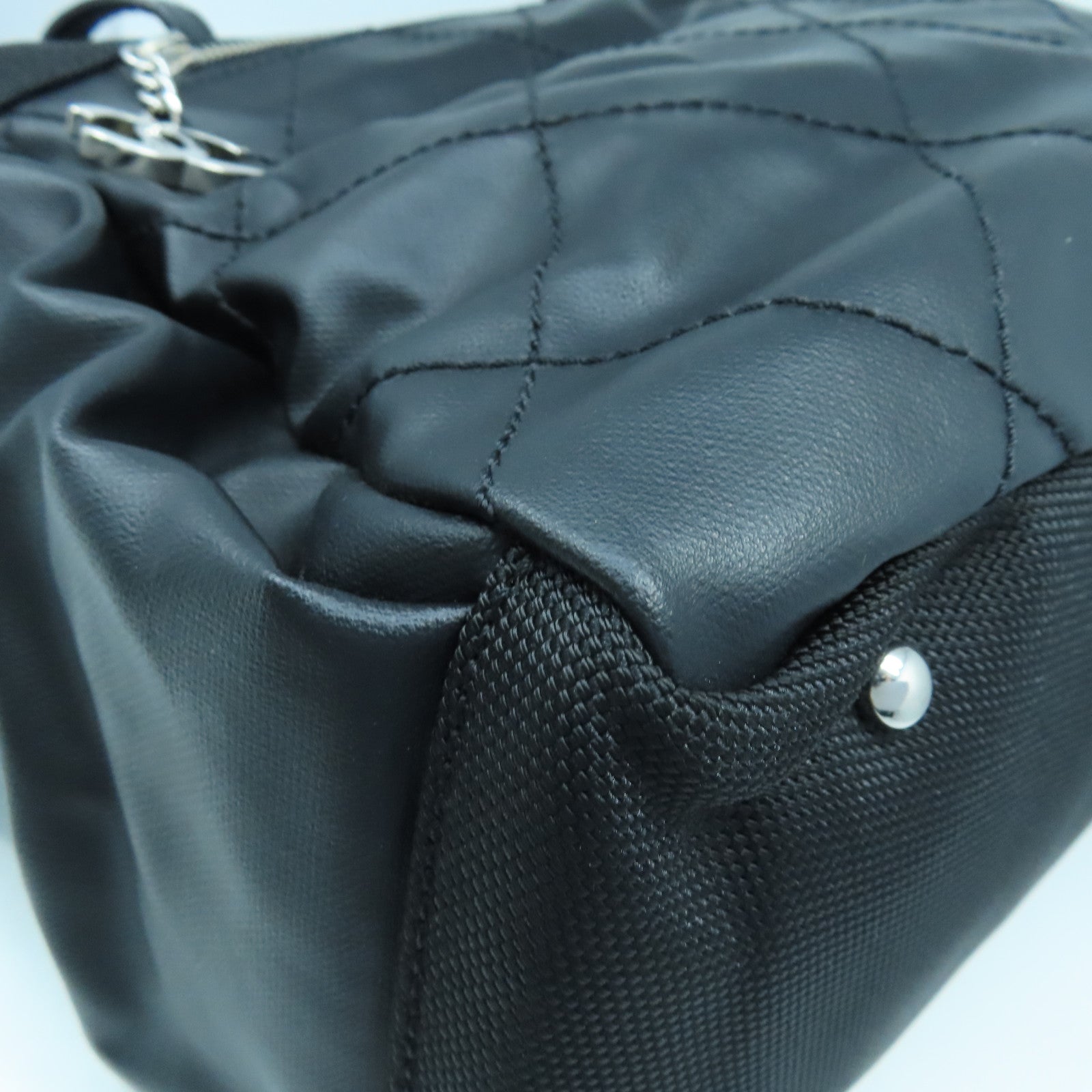 CHANEL 菱格皮革/帆布Tote Bag銀扣手挽袋黑色