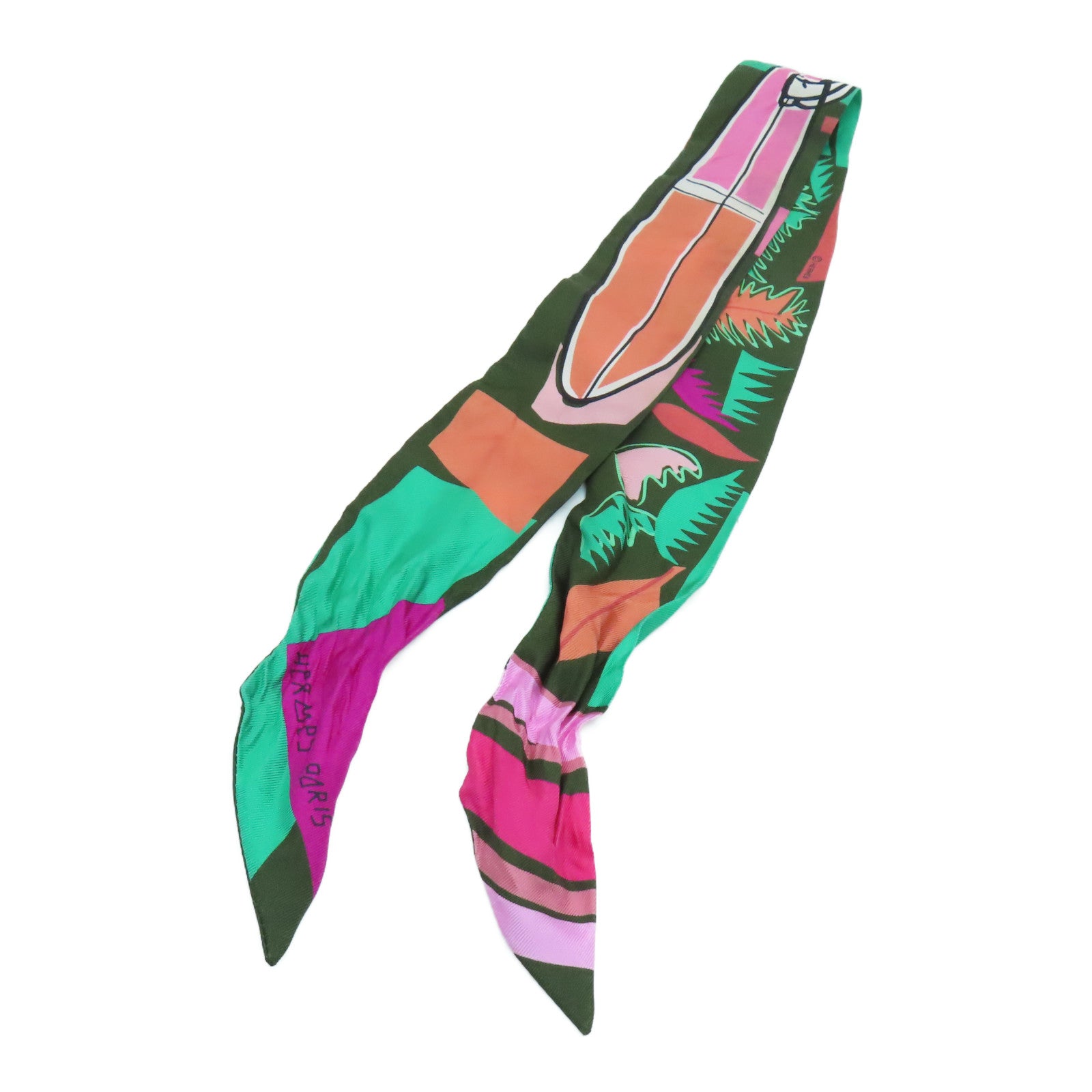 HERMES Silk Twilly Scarf Green/Dark Green/Pink