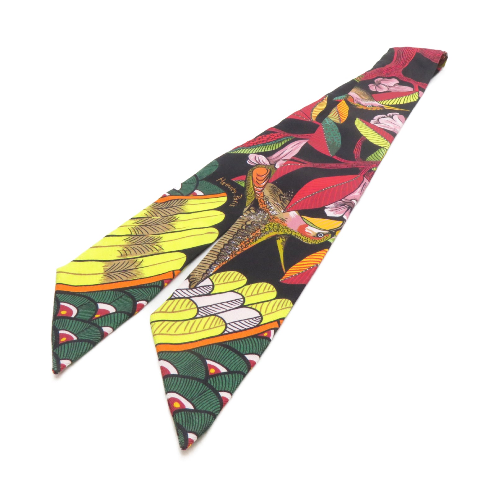 HERMES 絲質Twilly絲巾黑色/紅色/黃色