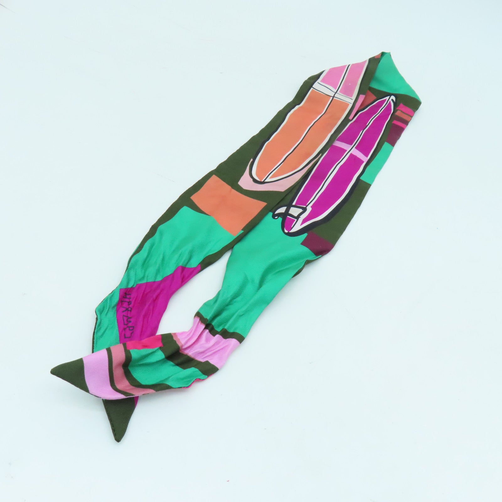 HERMES Silk Twilly Scarf Green/Dark Green/Pink