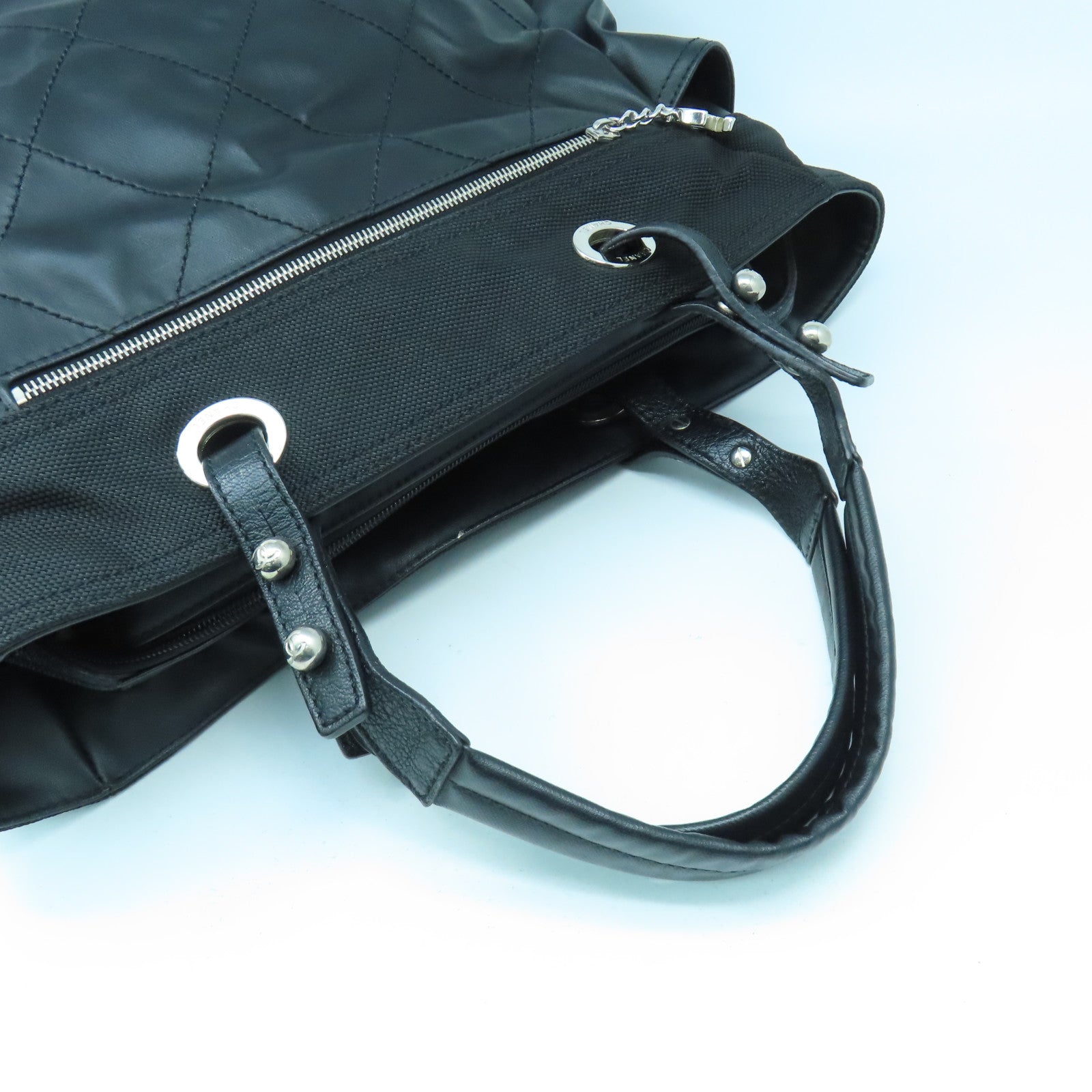 CHANEL 菱格皮革/帆布Tote Bag銀扣手挽袋黑色