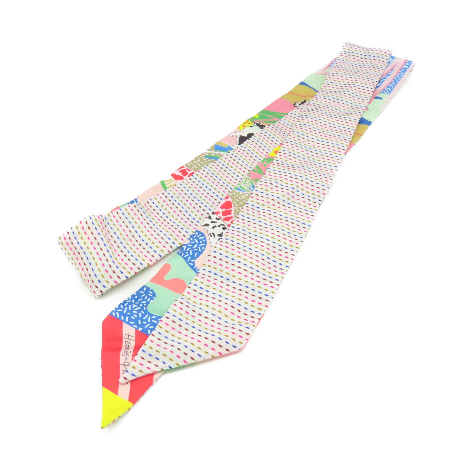 HERMES 絲質Twilly Twins Scarf絲巾粉紅色/彩色