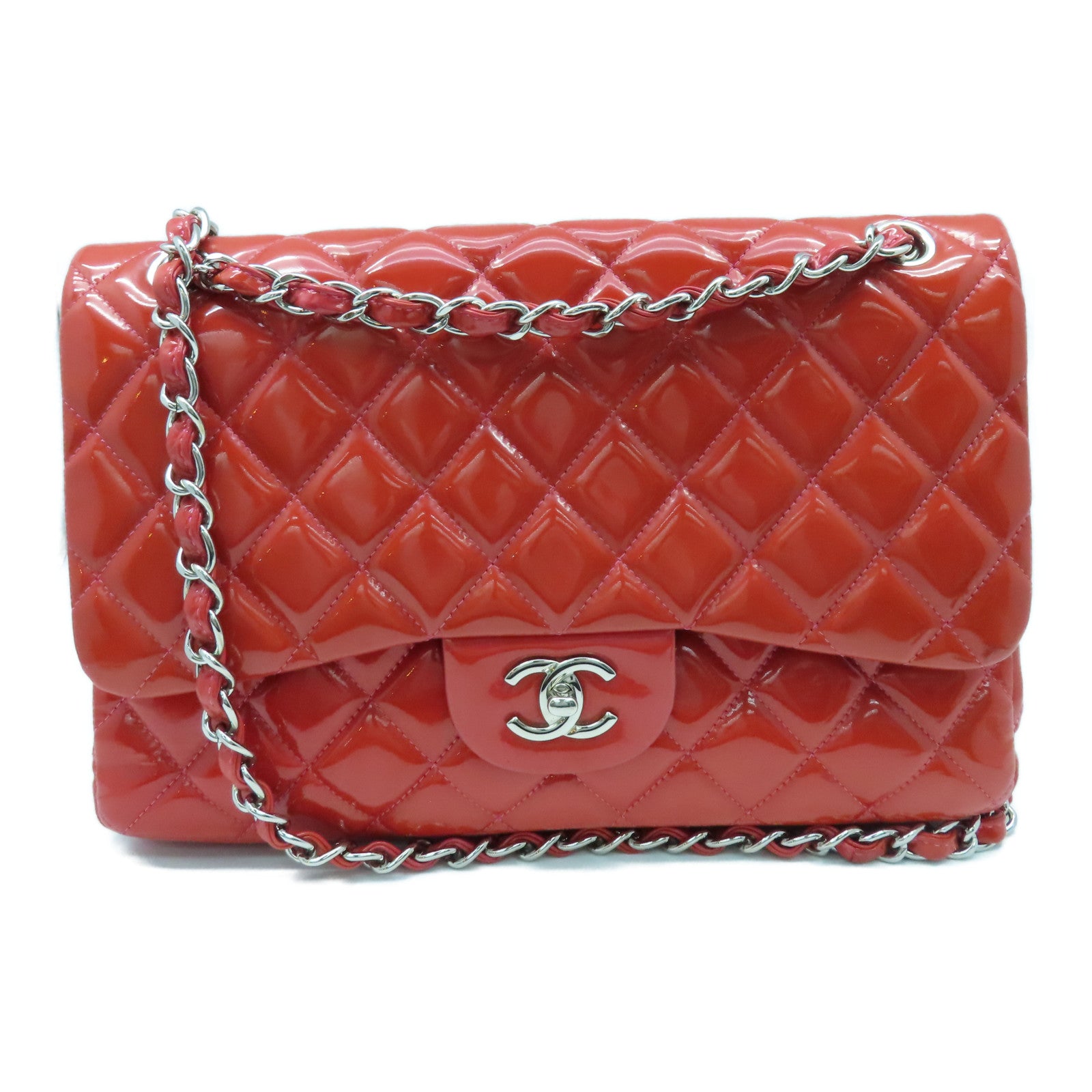 CHANEL 【激減優惠】菱格漆皮皮革Chain Shoulder銀扣鏈帶肩背袋紅色