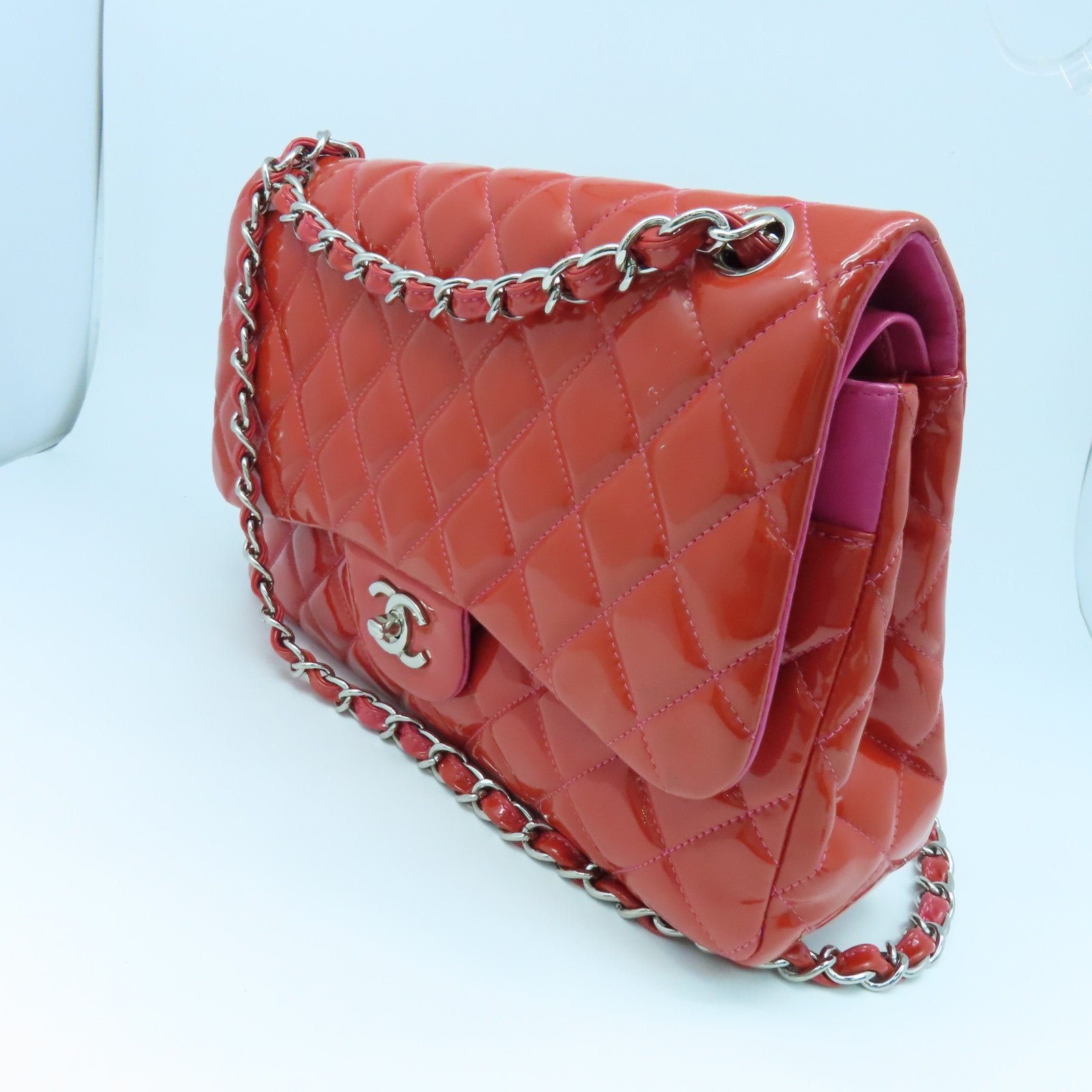 CHANEL 【激減優惠】菱格漆皮皮革Chain Shoulder銀扣鏈帶肩背袋紅色