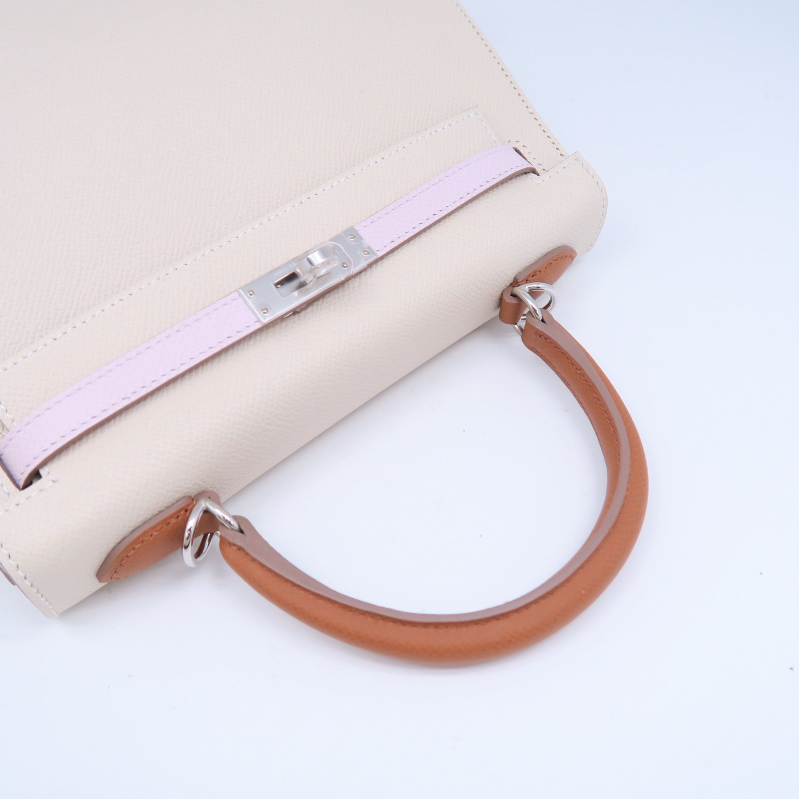 HERMES Epsom皮革Kelly 25銀扣手挽肩背兩用袋Craie奶昔白色/Mauve Pale夢幻粉紫色/Gold經典駝色