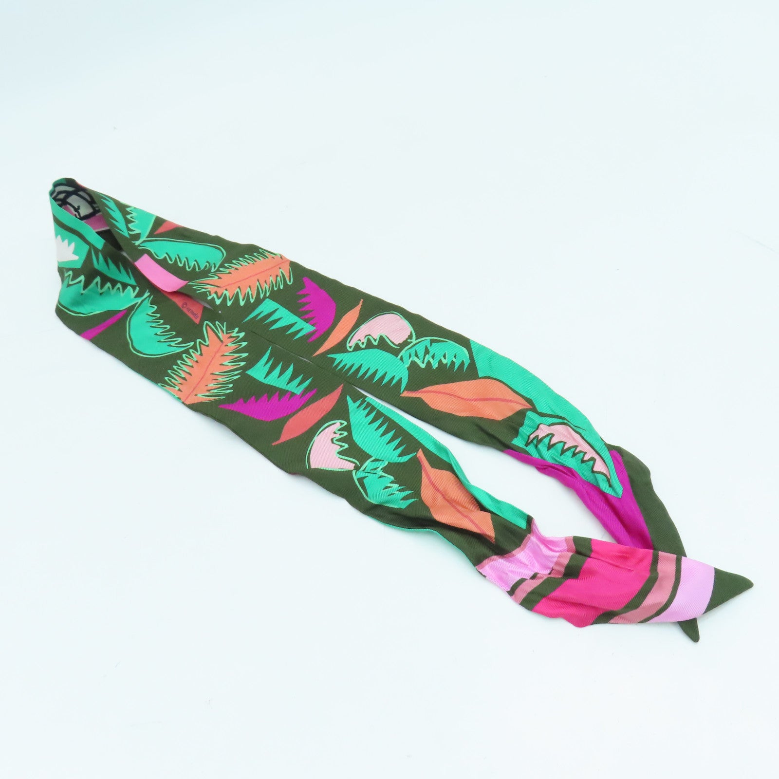 HERMES Silk Twilly Scarf Green/Dark Green/Pink