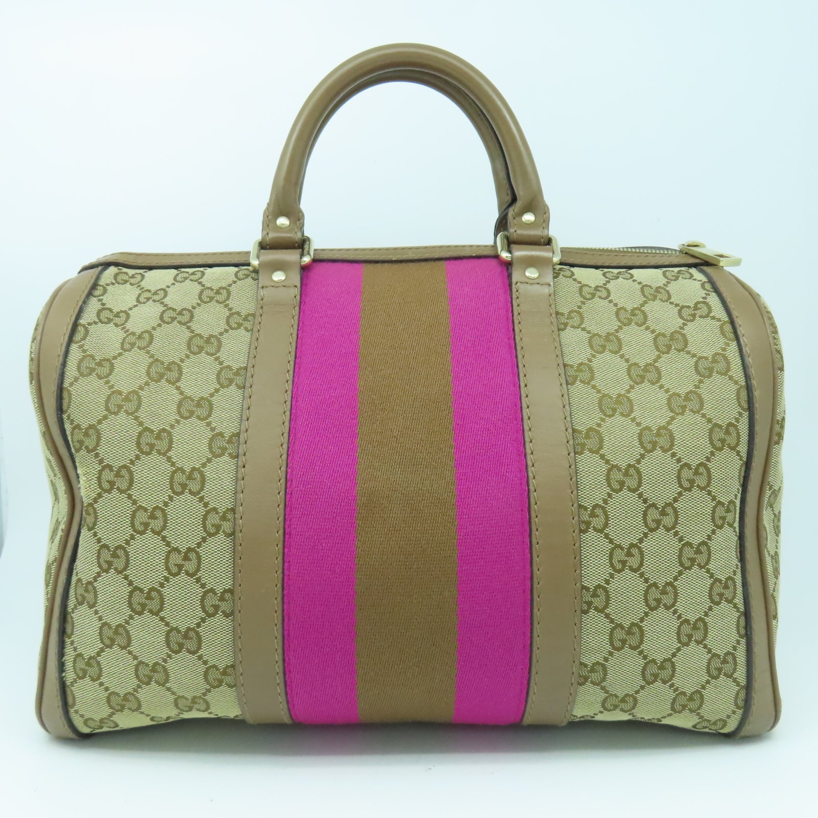 GUCCI 帆布2 Way Shoulder金扣手挽袋啡色/粉紅色
