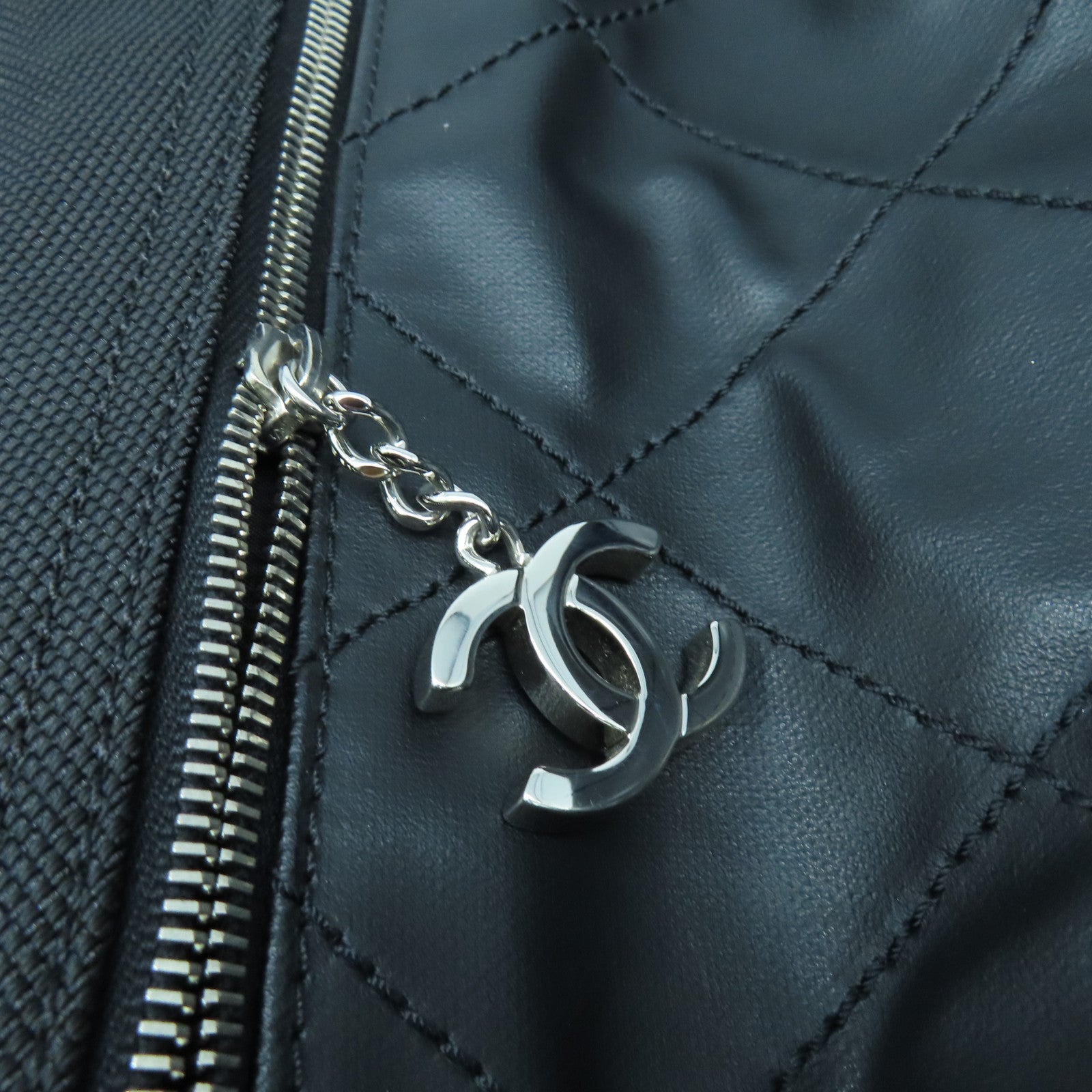 CHANEL 菱格皮革/帆布Tote Bag銀扣手挽袋黑色