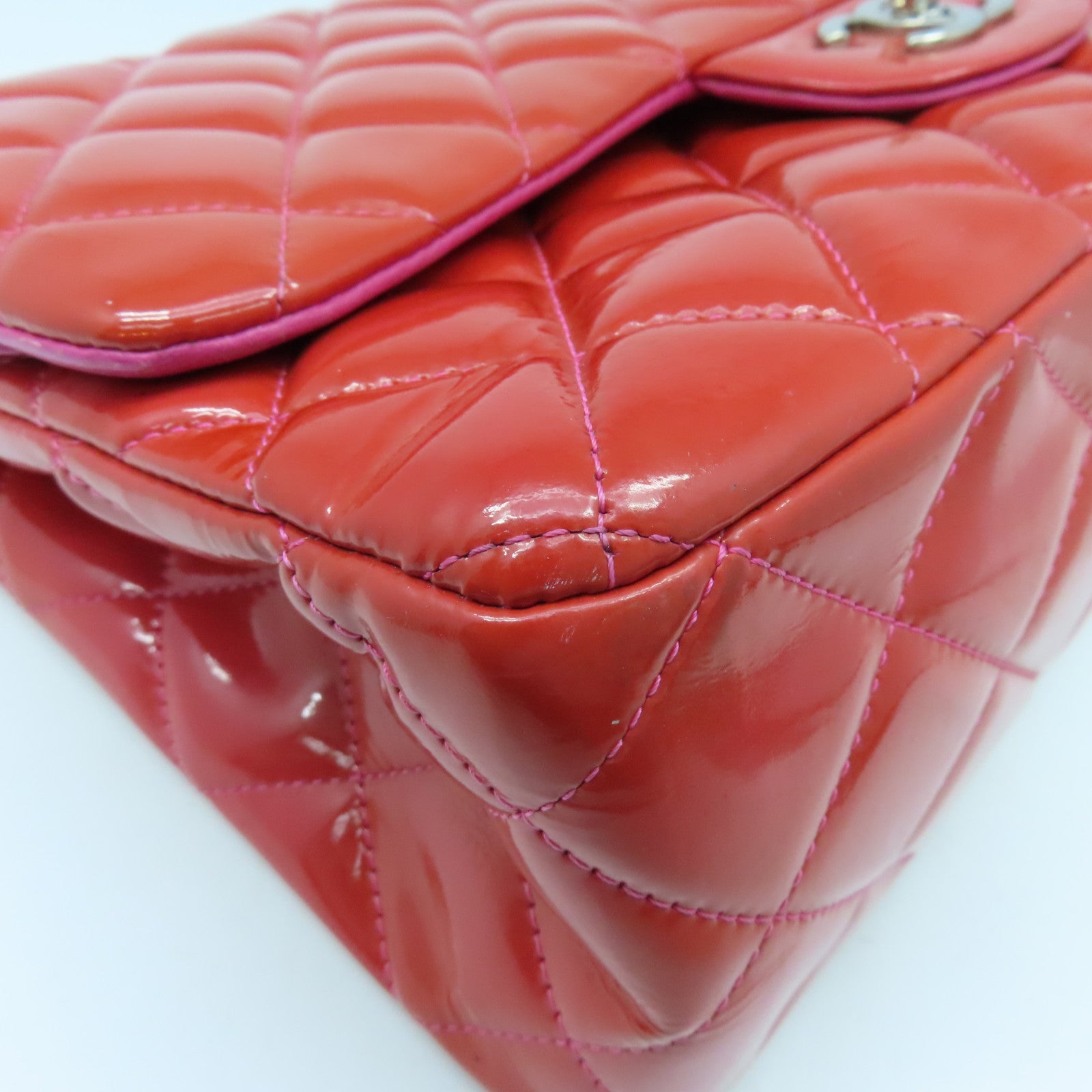 CHANEL 【激減優惠】菱格漆皮皮革Chain Shoulder銀扣鏈帶肩背袋紅色